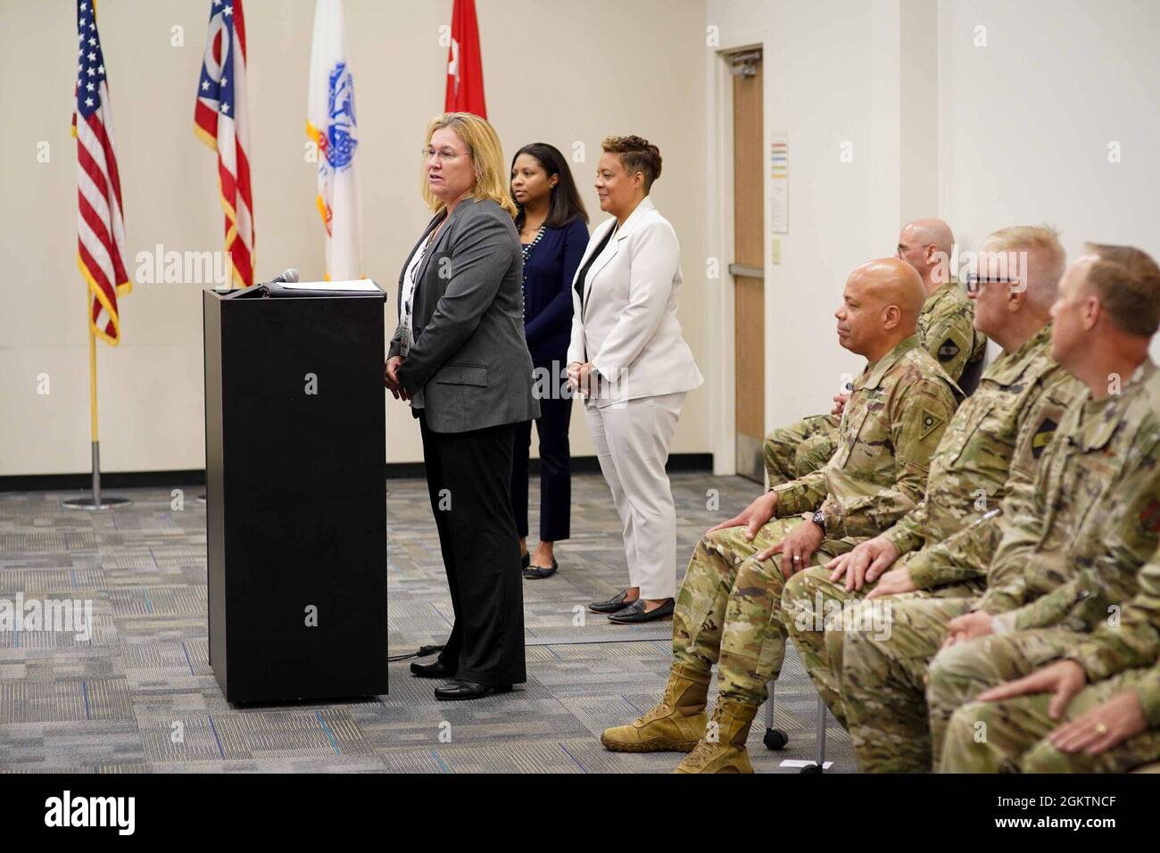 Julie Smith, deputy director of Ohio Department of Job and Family Services, speaks during an Ohio Military Reserve demobilization ceremony June 30, 2021, in Columbus, Ohio. About 50 OHMR members completed a three-month state active duty deployment to help ODJFS process more than 300,000 pandemic unemployment claims. The OHMR is based in Columbus and may be called by the governor to aid civil authorities by providing medical and logistical support. Stock Photo