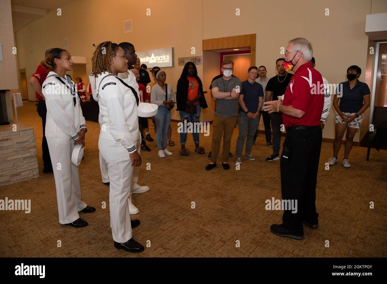 Sailors assigned to USS Constitution, USS Harry S. Truman (CVN 75), Navy Band Great Lakes, and U.S. Navy Ceremonial Guard “Drill Team Platoon” tour Government Employees Health Association Field at Arrowhead Stadium in Kansas City, Missouri July 1, 2021. GEHA Field at Arrowhead Stadium is home to the Kansas City Chiefs NFL team. The event was part of Kansas City Navy Week, the first in-person Navy Week since the beginning of the COVID-19 pandemic, bringing Sailors from different Navy units across the U.S. to conduct focused outreach with members of the community. Navy Weeks consist of a series Stock Photo