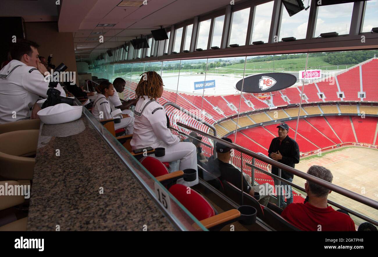 Sailors assigned to USS Constitution, USS Harry S. Truman (CVN 75), Navy Band Great Lakes, and U.S. Navy Ceremonial Guard “Drill Team Platoon” tour Government Employees Health Association Field at Arrowhead Stadium in Kansas City, Missouri July 1, 2021. GEHA Field at Arrowhead Stadium is home to the Kansas City Chiefs NFL team. The event was part of Kansas City Navy Week, the first in-person Navy Week since the beginning of the COVID-19 pandemic, bringing Sailors from different Navy units across the U.S. to conduct focused outreach with members of the community. Navy Weeks consist of a series Stock Photo