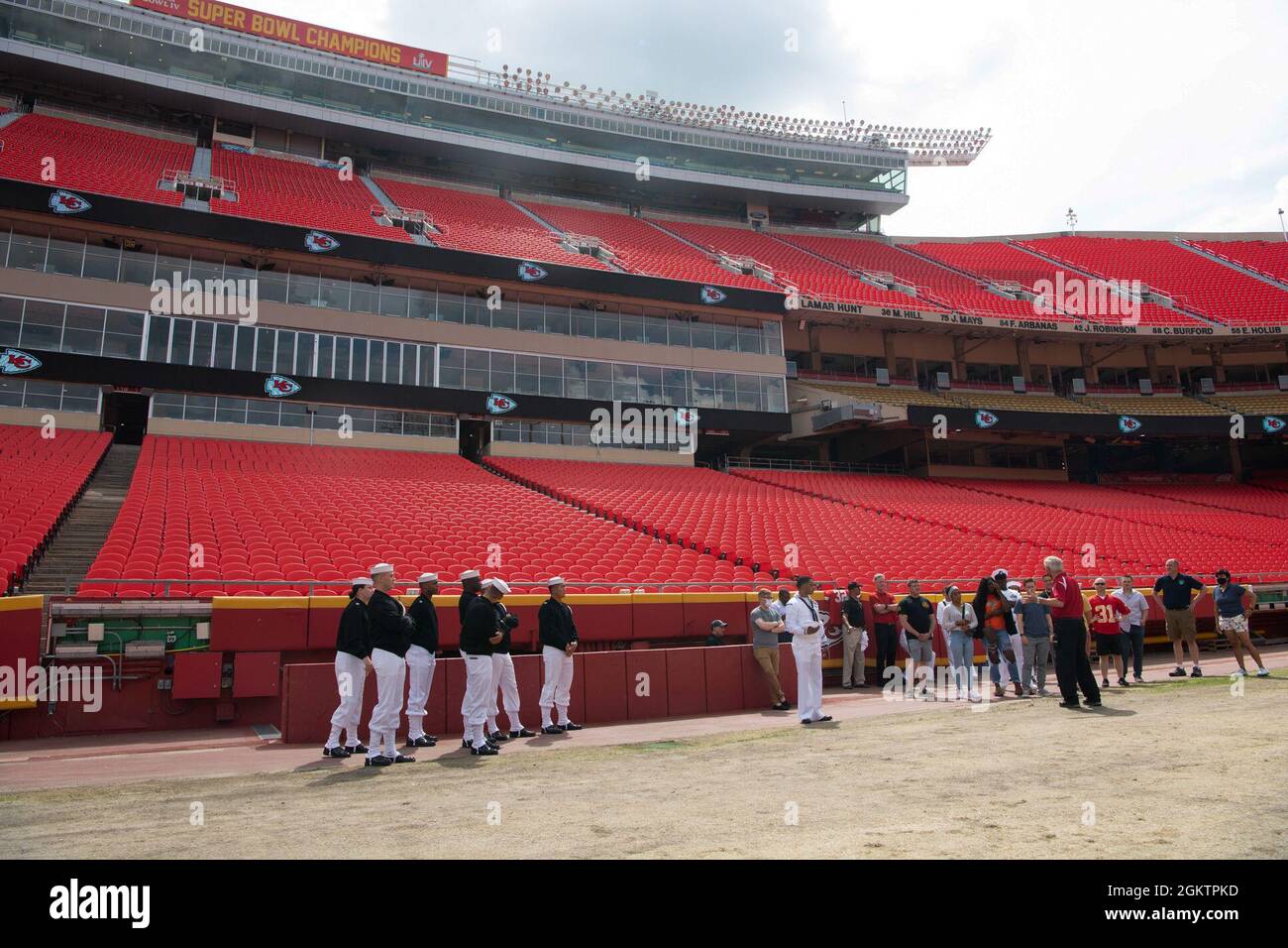 Sailors assigned to USS Constitution, USS Harry S. Truman (CVN 75), Navy Band Great Lakes, and U.S. Navy Ceremonial Guard “Drill Team Platoon” tour Government Employees Health Association Field at Arrowhead Stadium in Kansas City, Missouri July 1, 2021. GEHA Field at Arrowhead Stadium is home to the Kansas City Chiefs NFL team. The event was part of Kansas City Navy Week, the first in-person Navy Week since the beginning of the COVID-19 pandemic, bringing Sailors from different Navy units across the U.S. to conduct focused outreach with members of the community. Navy Weeks consist of a series Stock Photo