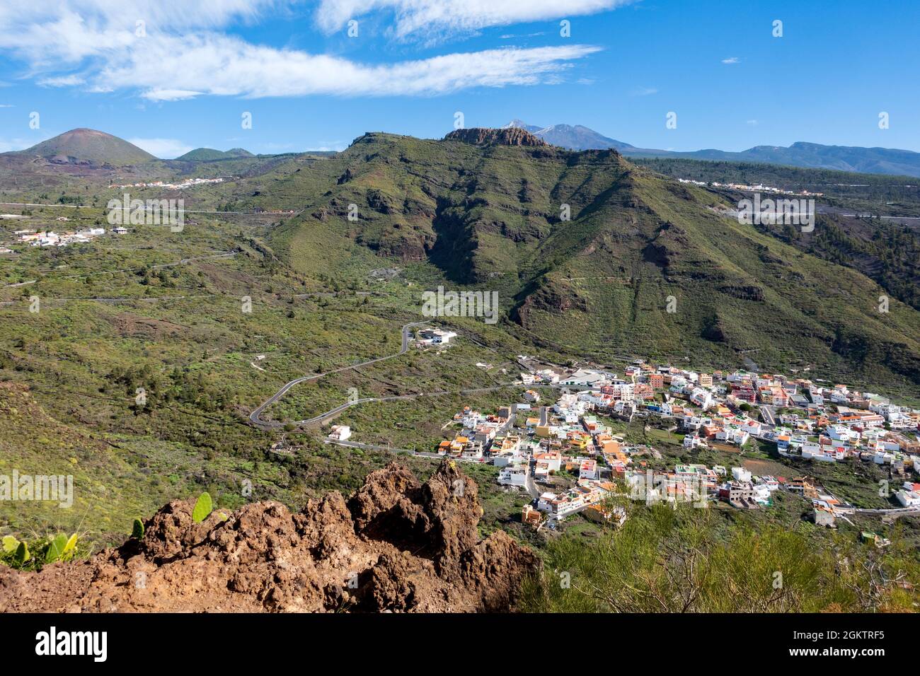 Walking in Teno mountains with beautiful view on Tamaimo town, Tenerife, Gran Canaria, Spain Stock Photo