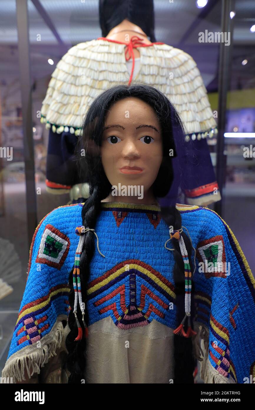 Beaded Dress of 1890's Trade Cloth Dress of Lower Brule Sioux display