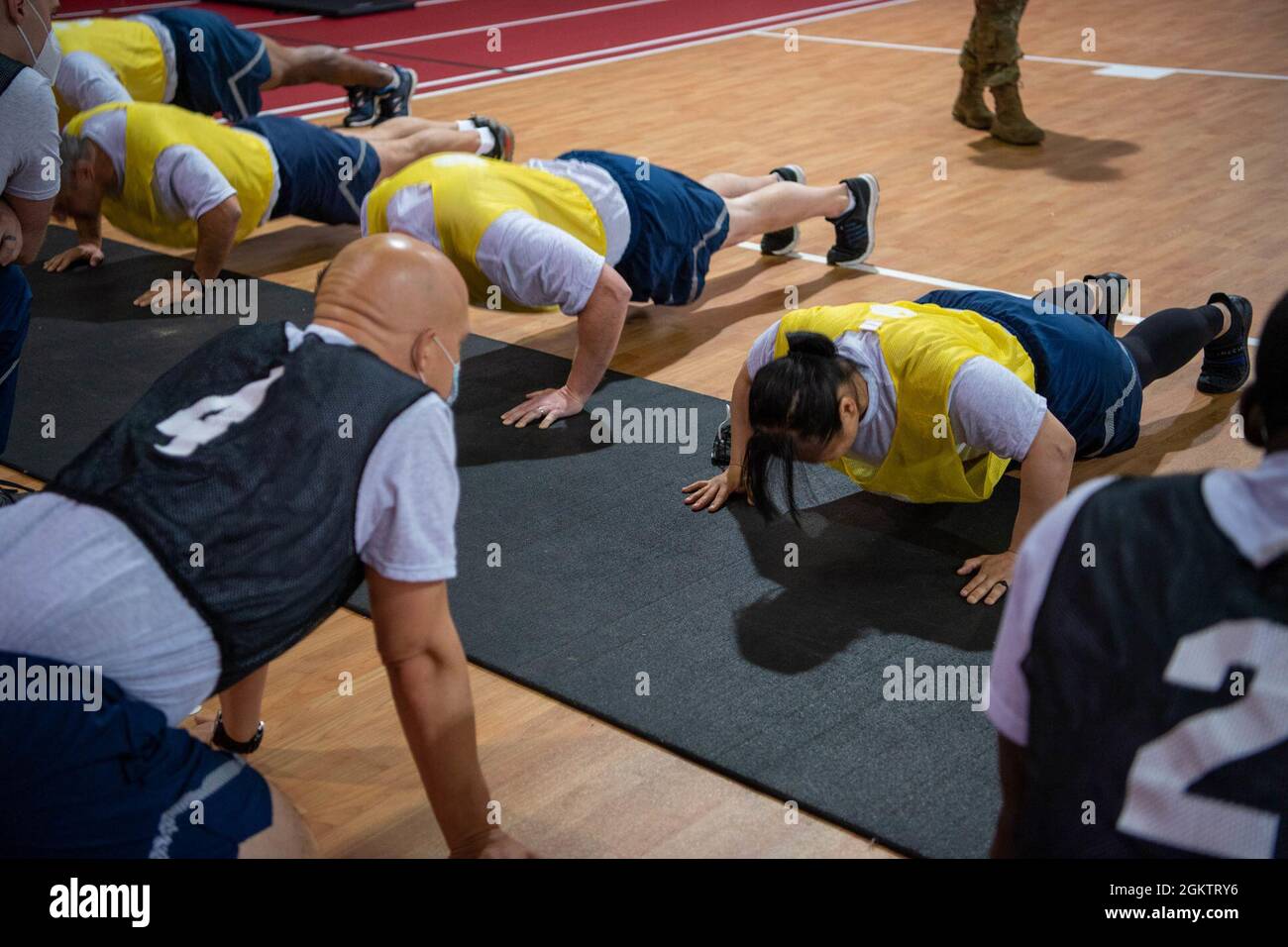 U.S. Air Force Brig. Gen. Joshua Olson, 86th Airlift Wing Commander counts push up at Ramstein Air Base, Germany, July 1, 2021. This is the first official physical fitness assessment since testing was delayed in October of 2020. Stock Photo
