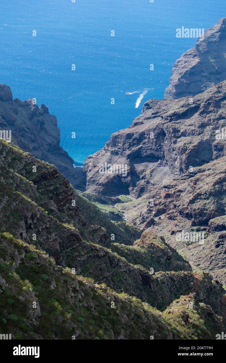 Hiking in Teno mountains and old Camino Real or royal road from Puerto Santiago to Santiago del Teide Stock Photo