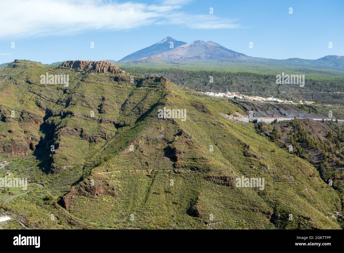 Walking in Teno mountains with beautiful view on teide on the background, Tenerife, Gran Canaria, Spain Stock Photo