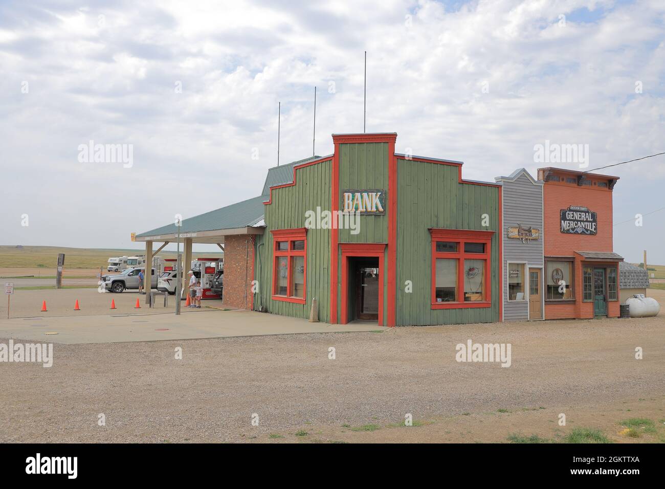 Gas station with Bank sign on the back.1880 Town.Midland.South Dakota