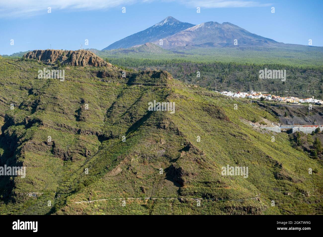 Walking in Teno mountains with beautiful view on teide on the background, Tenerife, Gran Canaria, Spain Stock Photo