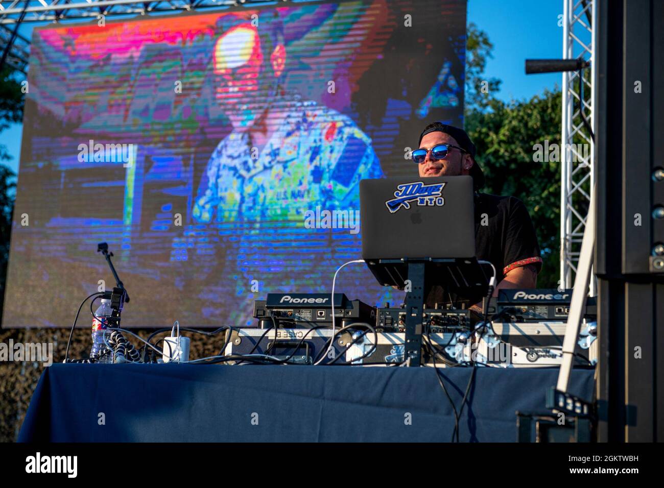 DJ J. Dayz performs on stage during the USO Summer Tour, July 1, 2021, at Joint Base San Antonio-Lackland, Texas. The USO brings shows to hundreds of thousands of American service members around the world. This is the first in-person event since the beginning of the COVID-19 pandemic impacted U.S. service members worldwide. Stock Photo