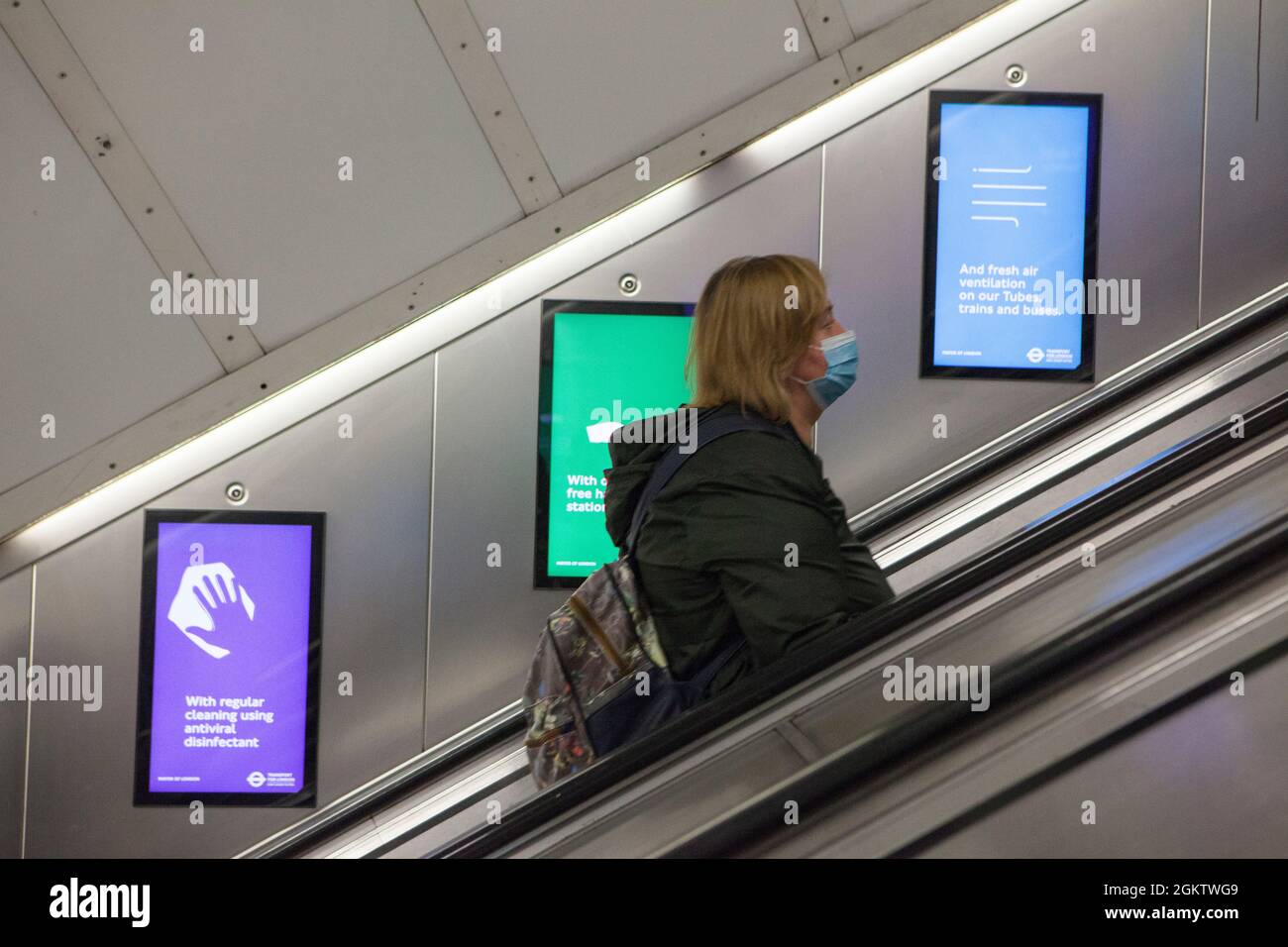 London, UK, 15 September 2021: At Green Park stations signs announce the measures Transport for London are taking to keep the public transport system covid safe. The increasing numbers of people going without face masks is leading to increased speculation that under the governments Plan B for rising covid cases in the autumn masks will be made compulsory again. Anna Watson/Alamy Live News Stock Photo