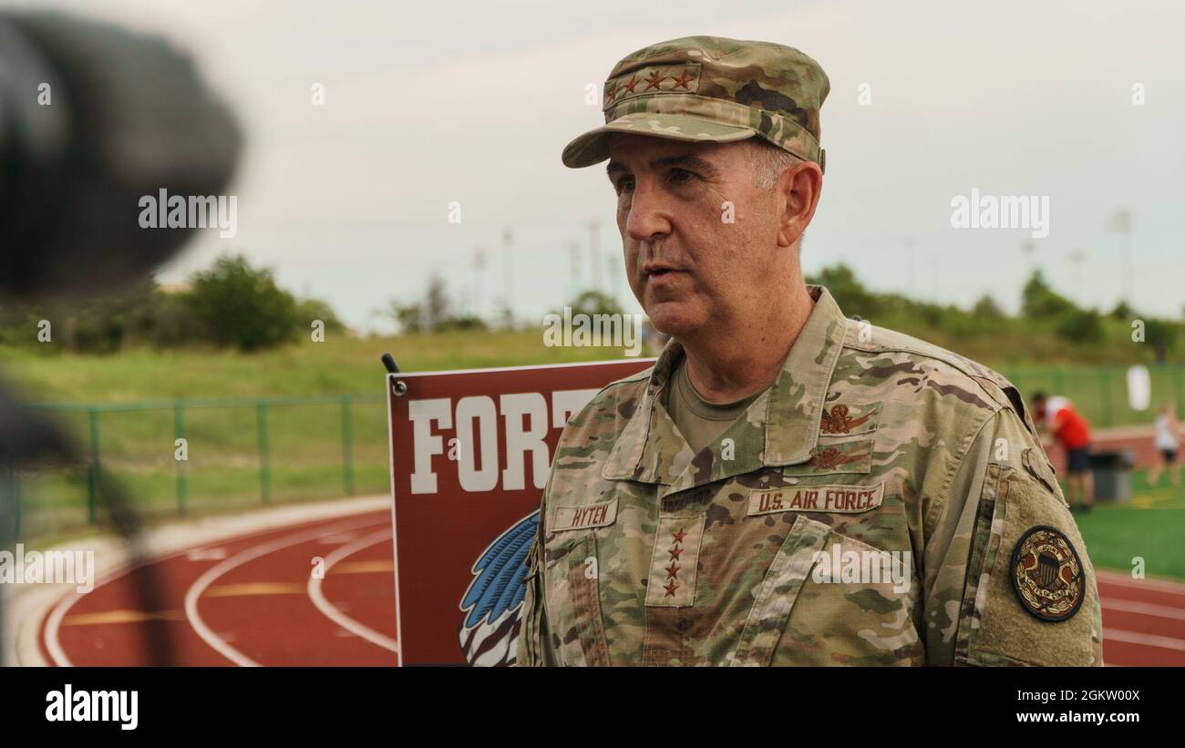 General John E. Hyten, Vice Chairman of the Joint Chiefs of Staff, conducts an interview with local news officials about Fort Hood’s Family and Morale, Welfare and Recreation and the USO Independence Day celebration at Fort Hoods Stadium July 2, 2021. The festival included live music from 1st Cavalry Division band, country duo LOCASH, DJ J Dayz,  reigning Miss America Camille Schreir, and comedian Taylor Williamson. Stock Photo