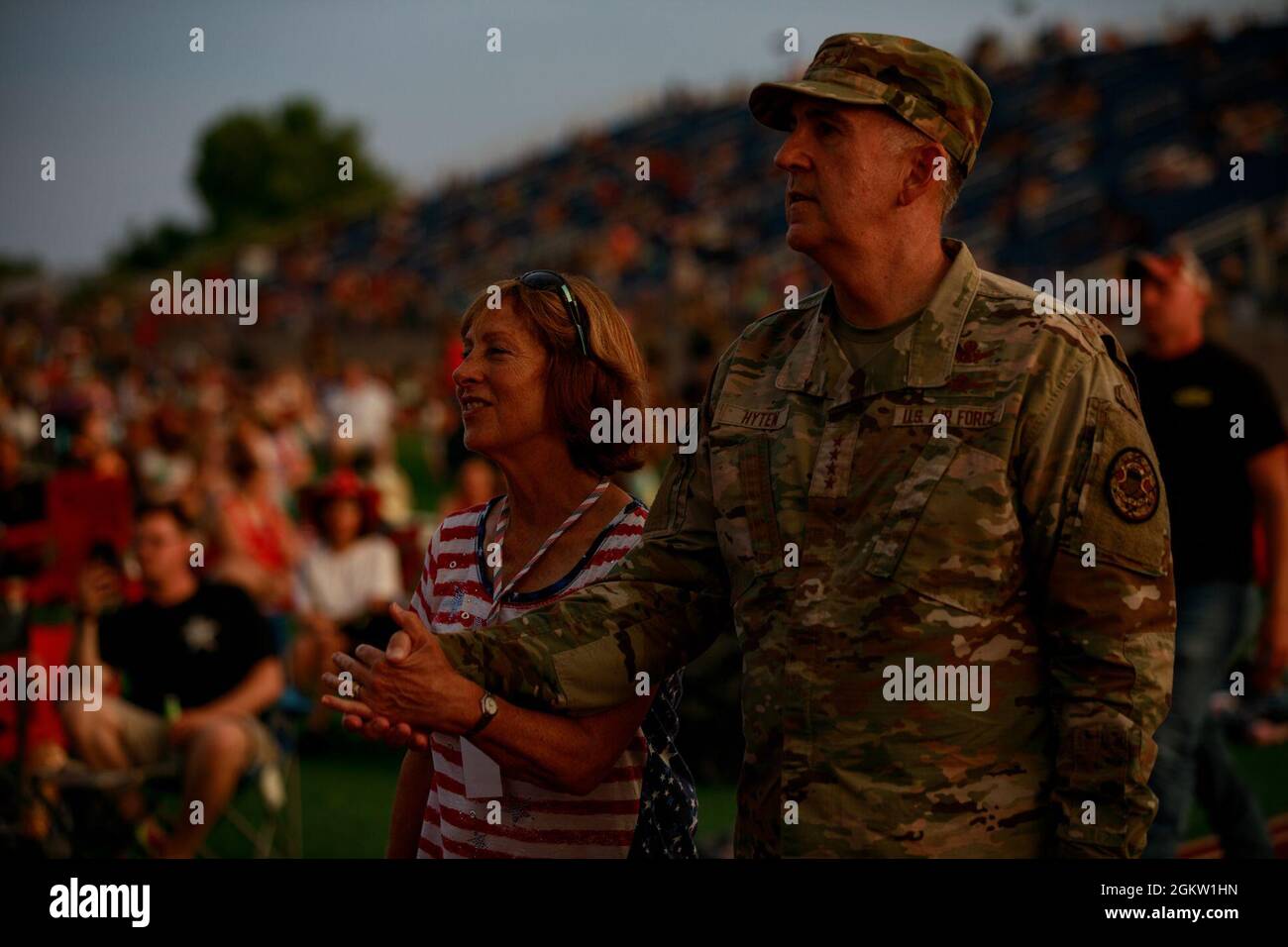 General John E. Hyten, Vice Chairman of the Joint Chiefs of Staff enjoys Fort Hood’s Family and Morale, Welfare and Recreation and the USO Independence Day celebration with his wife Laura at Fort Hoods Stadium July 2, 2021.  The festival included live music from 1st Cavalry Division band, country duo LOCASH, DJ J Dayz,  reigning Miss America Camille Schreir, and comedian Taylor Williamson. Stock Photo