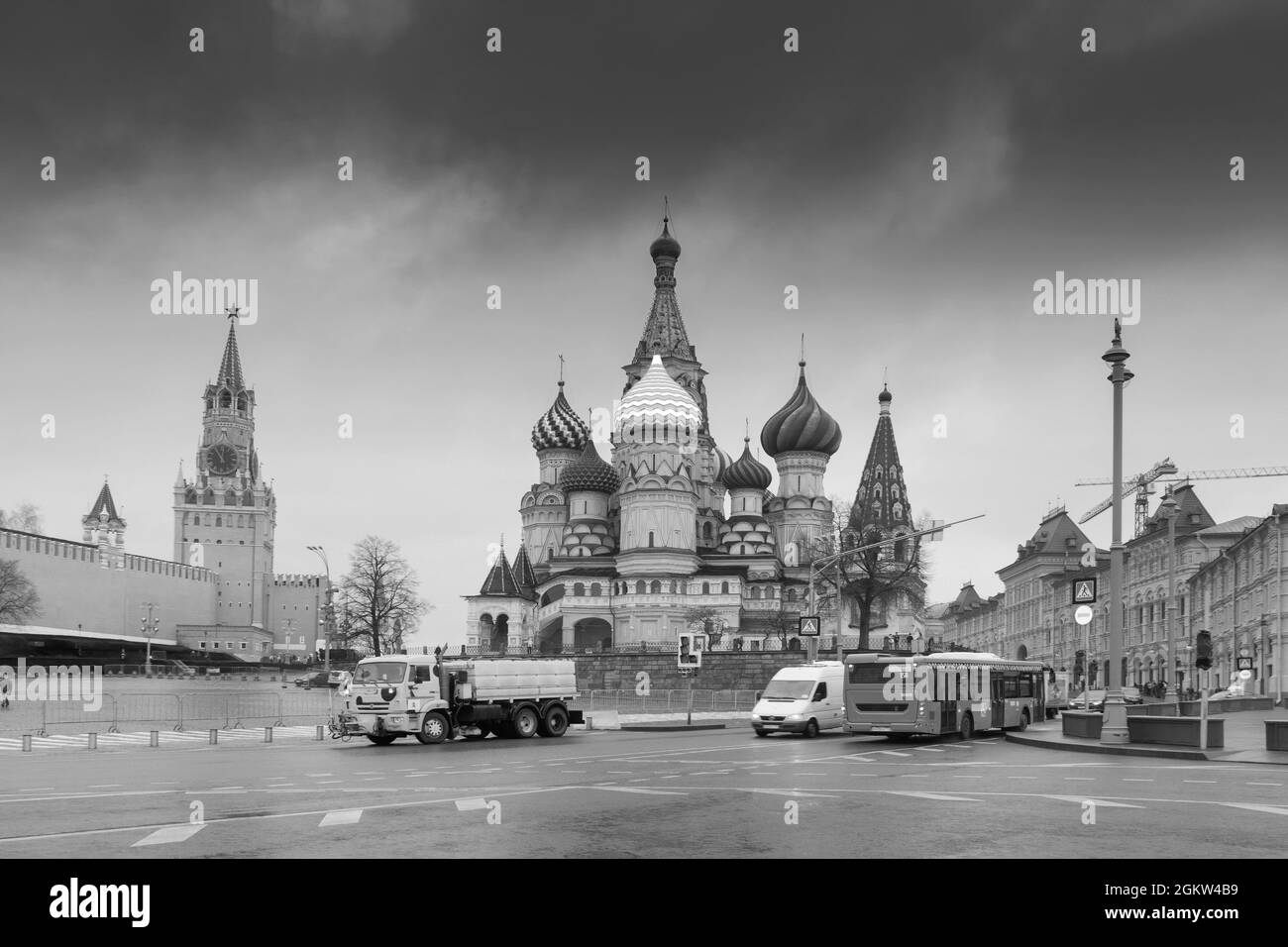 MOSCOW, RUSSIA - 26TH APRIL 2018 : Black and white View of Moscow Red Square Kremlin towers. Moscow architecture, Russia. It is world famous tourist s Stock Photo