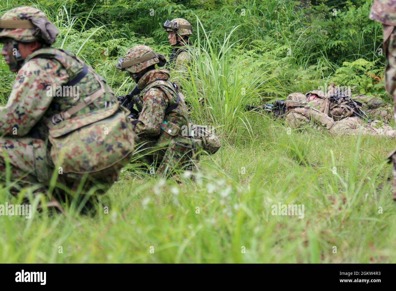 U.S. Army Soldiers assigned to 1st Battalion, 28th Infantry Regiment “Black Lions,” 3rd Infantry Division, and members of Japan Ground Self-Defense Force pull security while waiting for aircrafts to land on Aibano Training Area, Japan, July 1, 2021, as part of exercise Orient Shield. Orient Shield is the largest U.S. Army and JGSDF bilateral field training exercise being executed in various locations throughout Japan to enhance interoperability and test and refine multi-domain and cross-domain operations. Stock Photo
