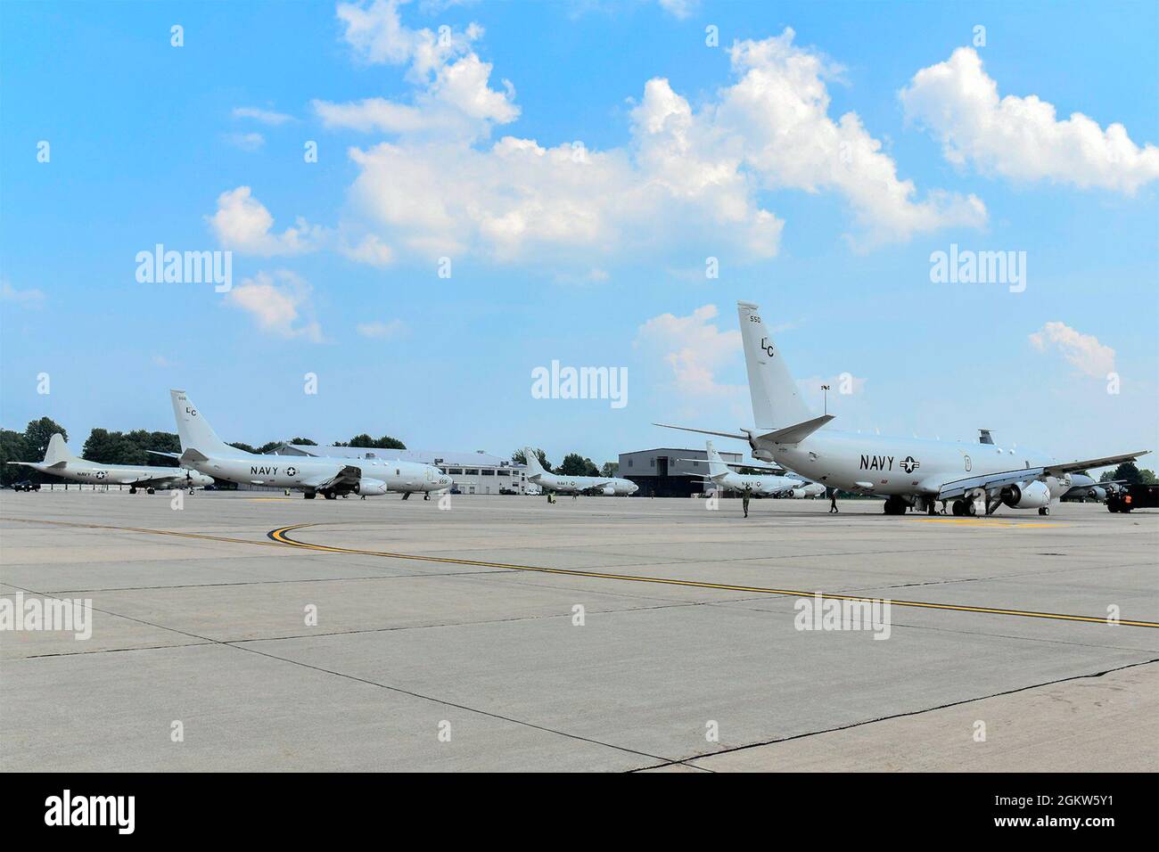Four P-8 Poseidon maritime patrol aircraft and one P-3 Orion along with support personnel from Naval Air Station Jacksonville, Florida evacuated to Selfridge ANG Base, Mich., July. 6, 2021.  The Navy aircraft are at Selfridge to take shelter from Hurricane Elsa, which is due to make landfall today.  The base's extensive ramp space make Selfridge a perferct location for hurricane evacuation support as well as a wide variety of transient aircraft. Stock Photo