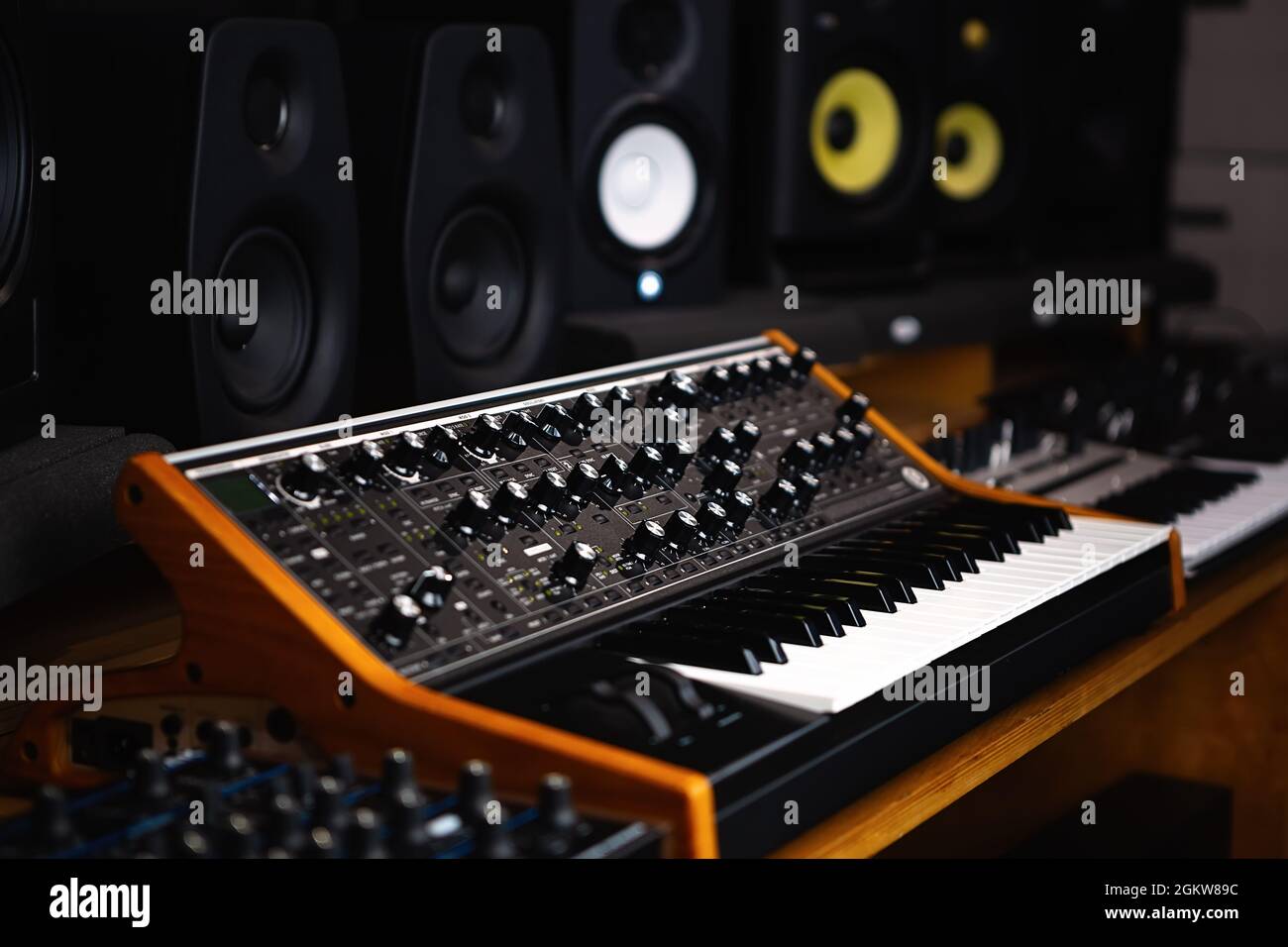 Analog synthesizer in dj store. Buy new professional synth device for electronic music production in musical shop. Stock Photo