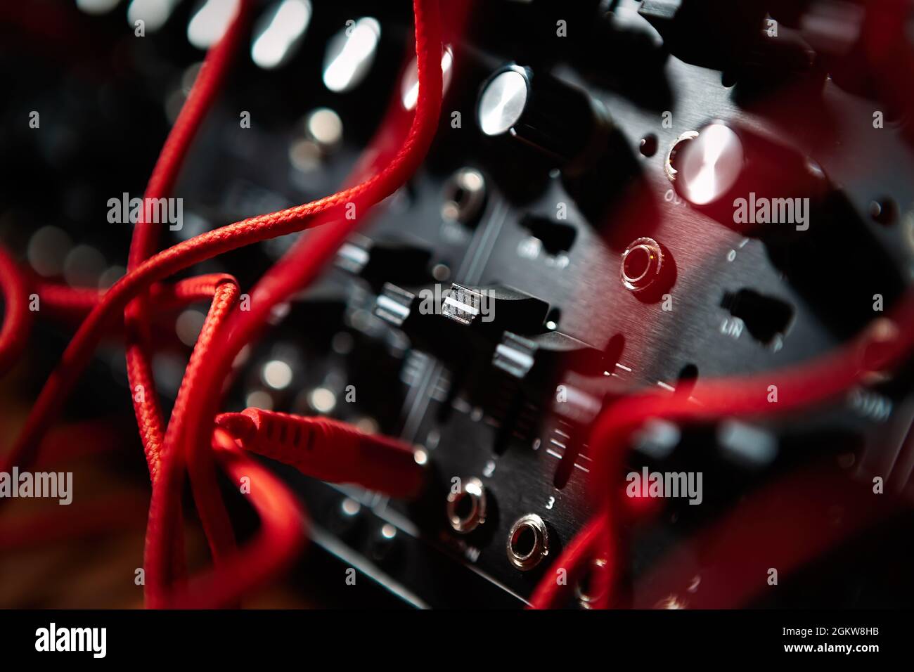 Modular synthesizer device. Analog synth for electronic music production in sound recording studio. Compose new musical tracks with professional audio Stock Photo