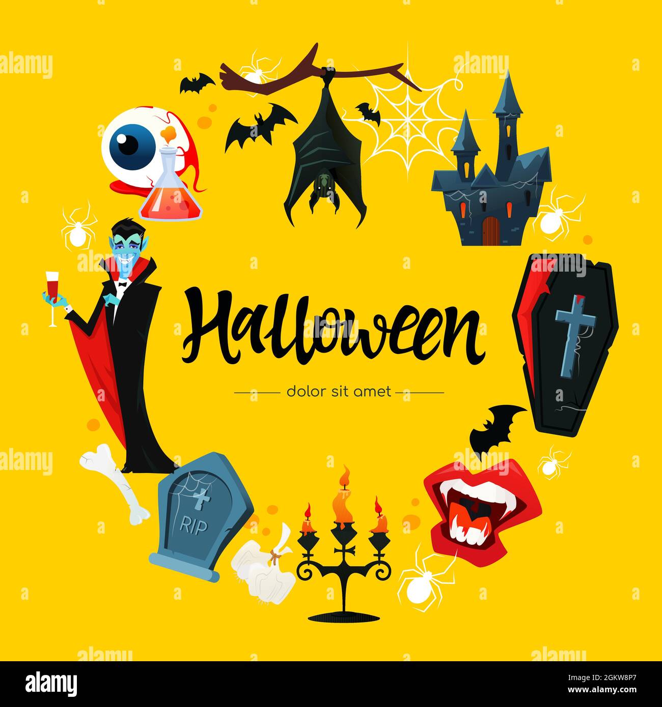 Halloween - modern cartoon style colored rounded illustration. Vampire aesthetics. Dracula, bats, old stone castle, open coffin, bloody fangs, candles Stock Vector