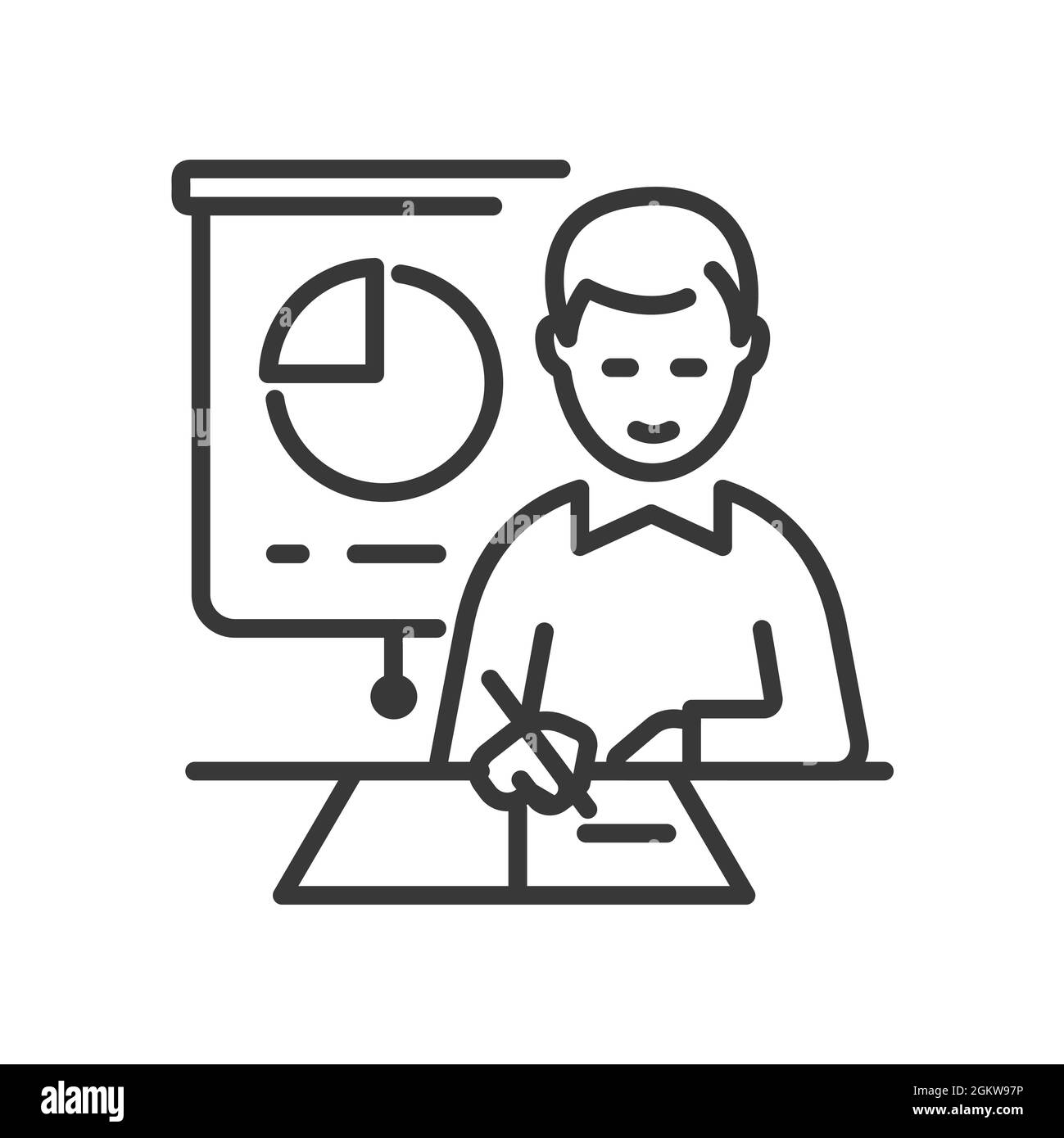 Student on Maths lesson - vector line design single isolated icon on white background. High quality black pictogram. Boy sitting at the desk, making n Stock Vector
