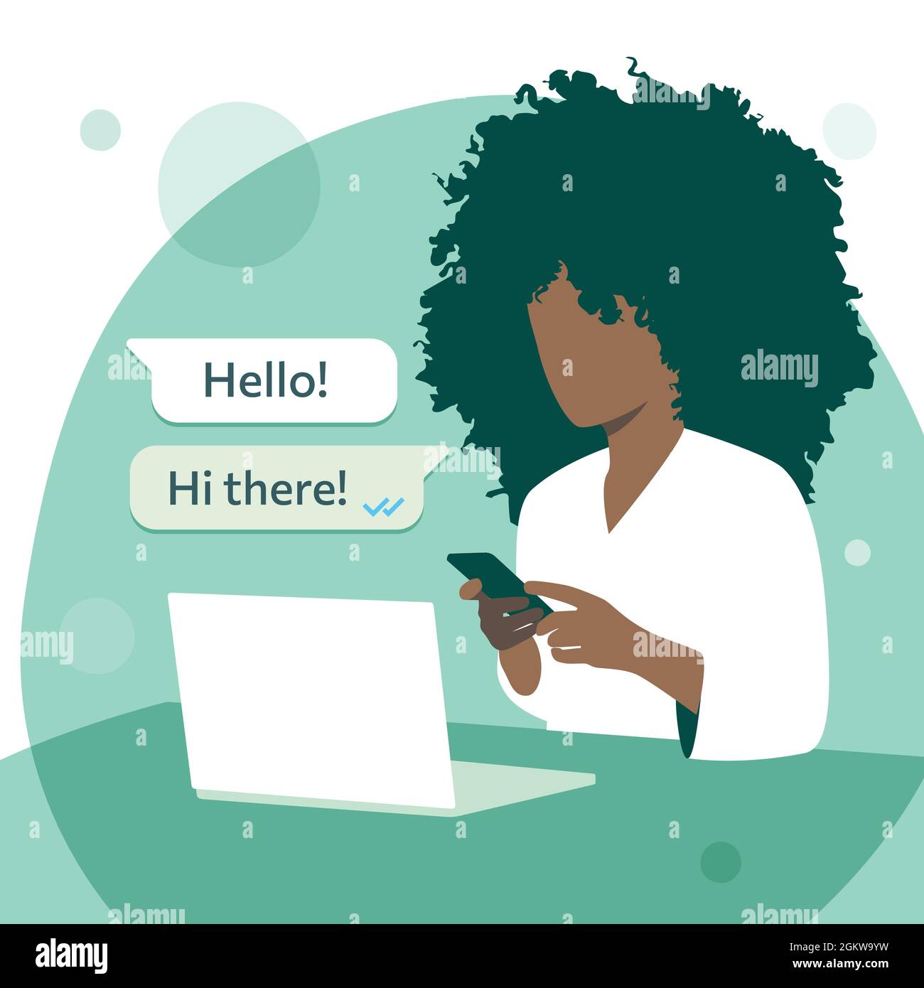 Afro girl with whatsapp banner template. Contact us on our whats app. Illustration of a black woman with a phone and laptop. Plain color vector draw. Stock Vector