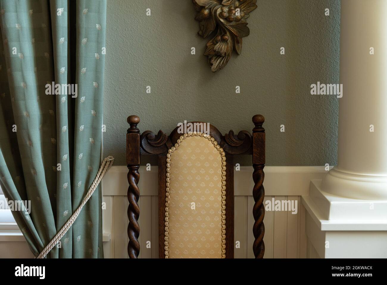 Detail of Interior House Design with Curtain and Antique Wooden Barley Twist Chair Stock Photo