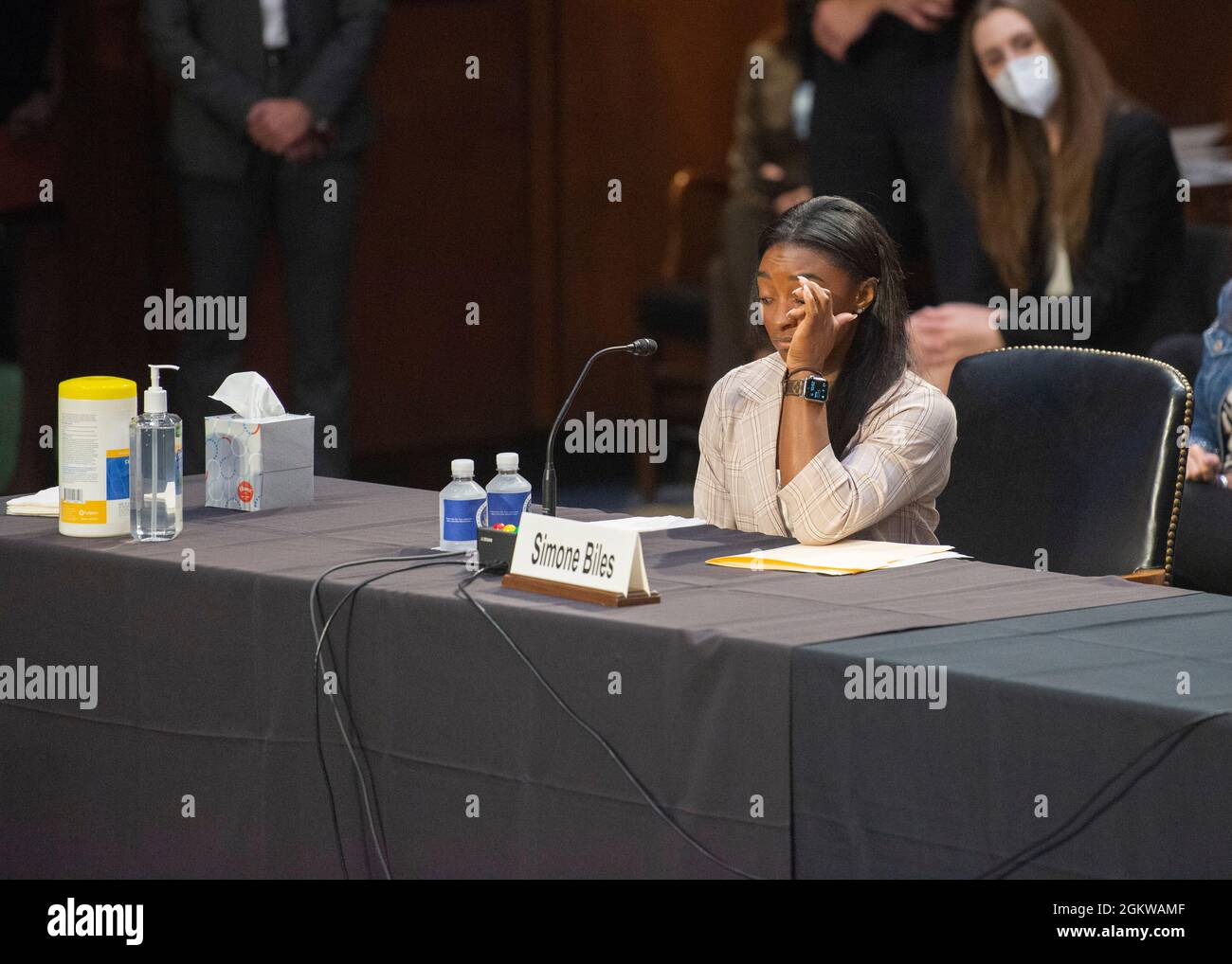 Washington DC, September 15, 2021, USA: Simone Biles keeps her emotions in check while testifying at a Senate hearing on the FBI's failure to respond Stock Photo