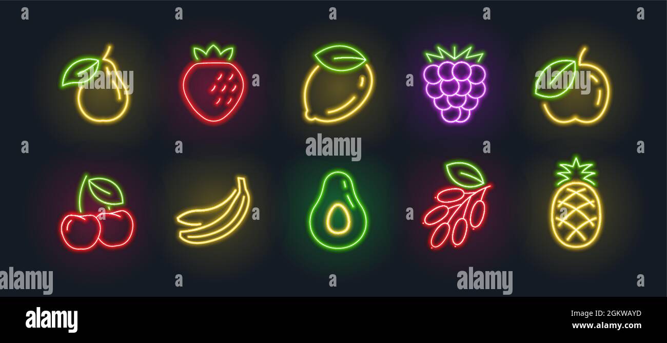 Vector neon fruits isolated linear set. Neon fruits illuminated icons ...