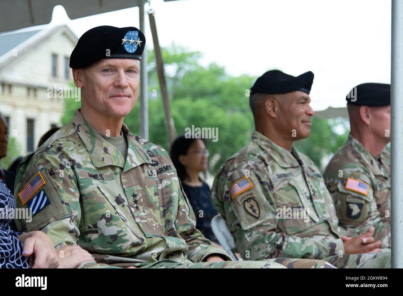 First Army conducted its Change of Command Ceremony, welcoming Lt. Gen. Antonio A. Aguto Jr. as its 40th Commanding General on July 8, 2021, at Rock Island Arsenal, Rock Island, Ill. Outgoing Commanding General, Lt. Gen. Thomas S. James Jr., celebrated his retirement ceremony after the Change of Command, with FORSCOM Commanding General, Michael X. Garrett, speaking at both events. Stock Photo