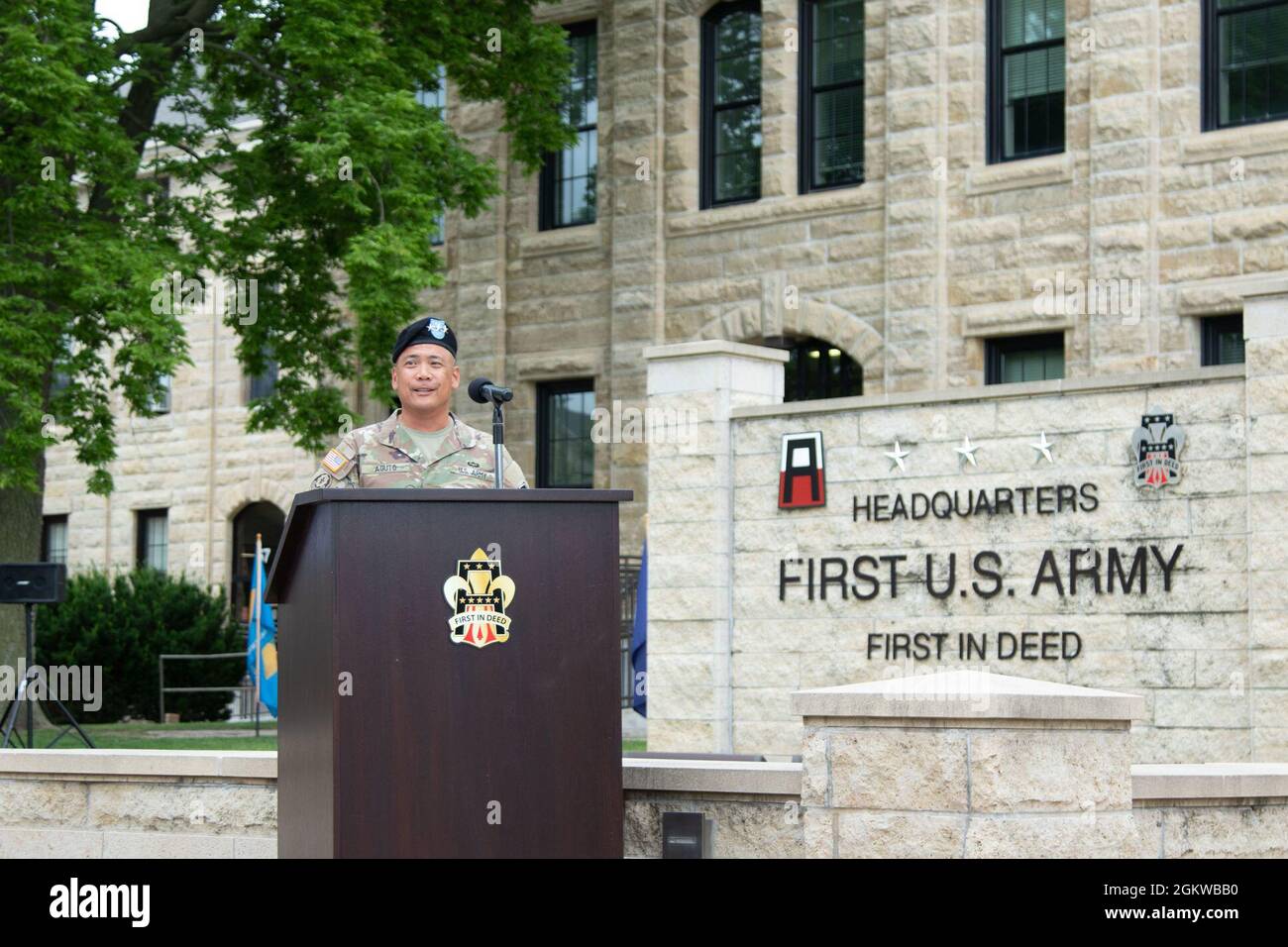 First Army conducted its Change of Command Ceremony, welcoming Lt. Gen. Antonio A. Aguto Jr. as its 40th Commanding General on July 8, 2021, at Rock Island Arsenal, Rock Island, Ill. Outgoing Commanding General, Lt. Gen. Thomas S. James Jr., celebrated his retirement ceremony after the Change of Command, with FORSCOM Commanding General, Michael X. Garrett, speaking at both events. Stock Photo