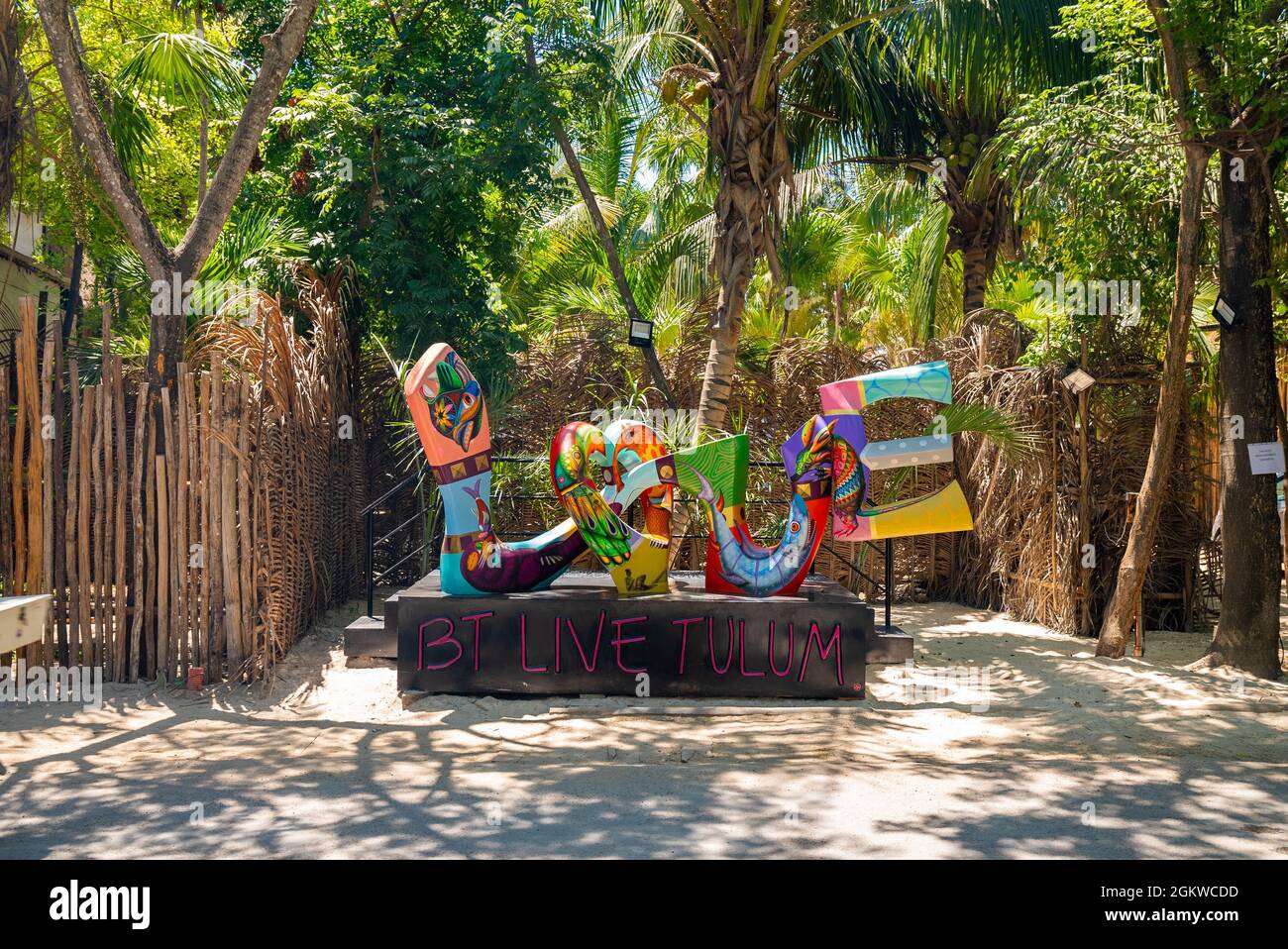 Colorful decorative love sign at entrance of BT Live Tulum hotel Stock ...