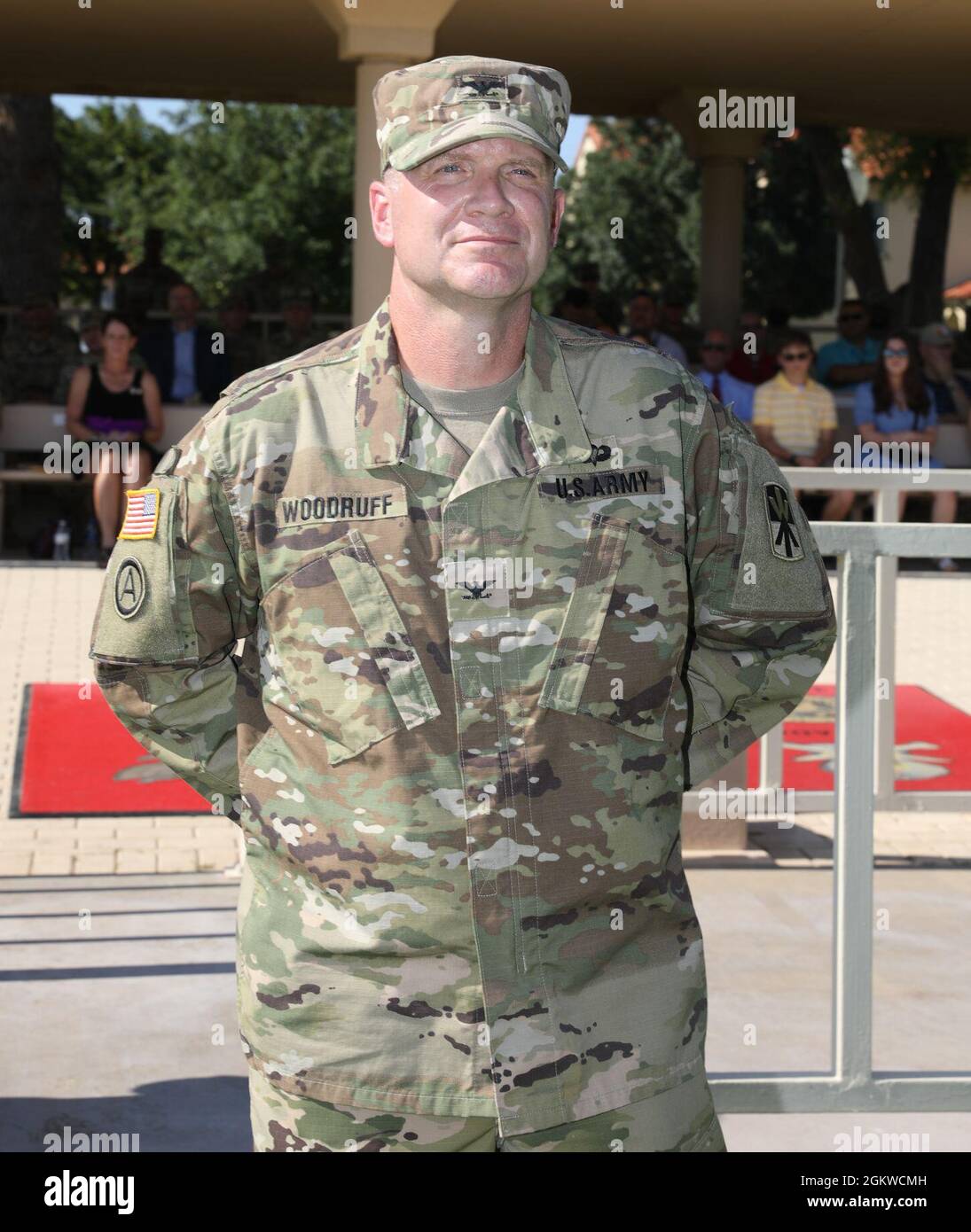 Col. Timothy L. Woodruff, brigade commander, 11th Air Defense Artillery Brigade, 32d Army Air and Missile Defense Command, poses for a photograph after the change of command. Col. John L. Dawber, commander, 11th ADA BDE, relinquished command to Woodruff, July 9, 2021, on Noel Parade Field, Fort Bliss, Texas Stock Photo