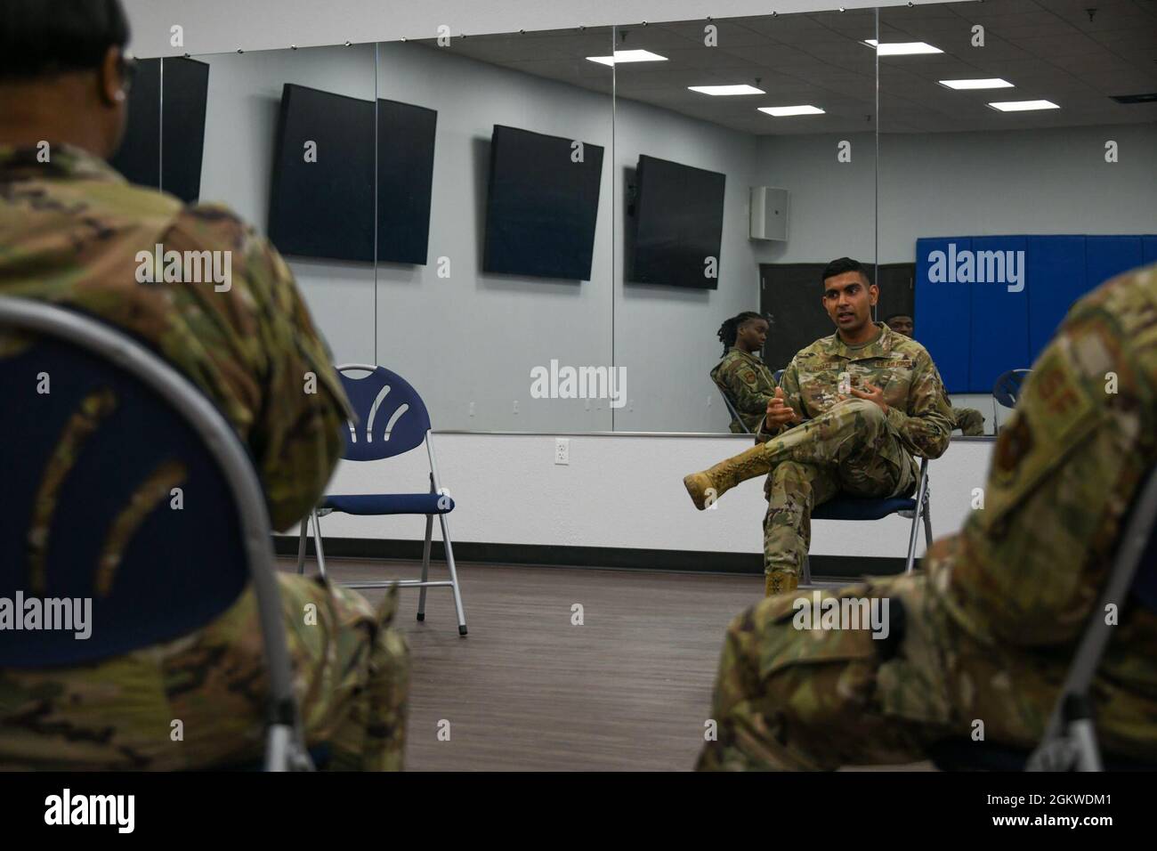 U.S. Air Force Capt. Mohamed Dharas, 97th Operational Medical Readiness Squadron Bioenvironmental Engineering Flight commander, leads a meeting of the Diversity and Inclusion (D&I) Working Group at Altus Air Force Base, Oklahoma, on June 8 2021. Dharas is the manager of the D&I program for the base and the group is tasked with providing a foundation for understanding and long-term change for Airmen. Stock Photo