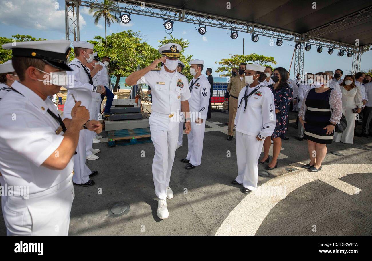 210709-N-KY668-1079   SANTO DOMINGO, Dominican Republic - (July 9, 2021) – Rear Adm. Don Gabrielson, commander of U.S. Naval Forces Southern Command/U.S. 4th Fleet, boards the Freedom-variant littoral combat ship USS Billings (LCS 15), July 9, 2021. Billings conducted a three-day port visit in Santo Domingo, Dominican Republic, and the  ship hosted a reception aboard for government and military leaders. Billings is deployed to the U.S. 4th Fleet area of operations to support Joint Interagency Task Force South’s mission, which includes counter-illicit drug trafficking missions in the Caribbean Stock Photo