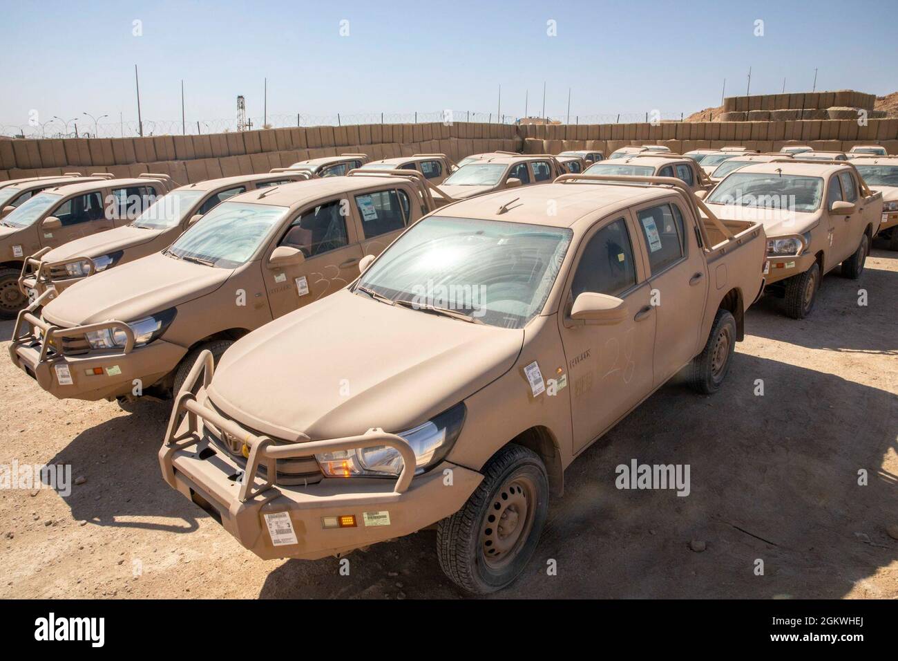 Thirty-five four door passenger vehicles sit lined up for a divestment to the Ministry of Interior (MOI) on Al Asad Airbase, Iraq, July 10, 2021. The equipment divested to the MOI included 35 four door motor vehicles and 15 backhoe loaders worth over all 2.5 million dollars. Stock Photo