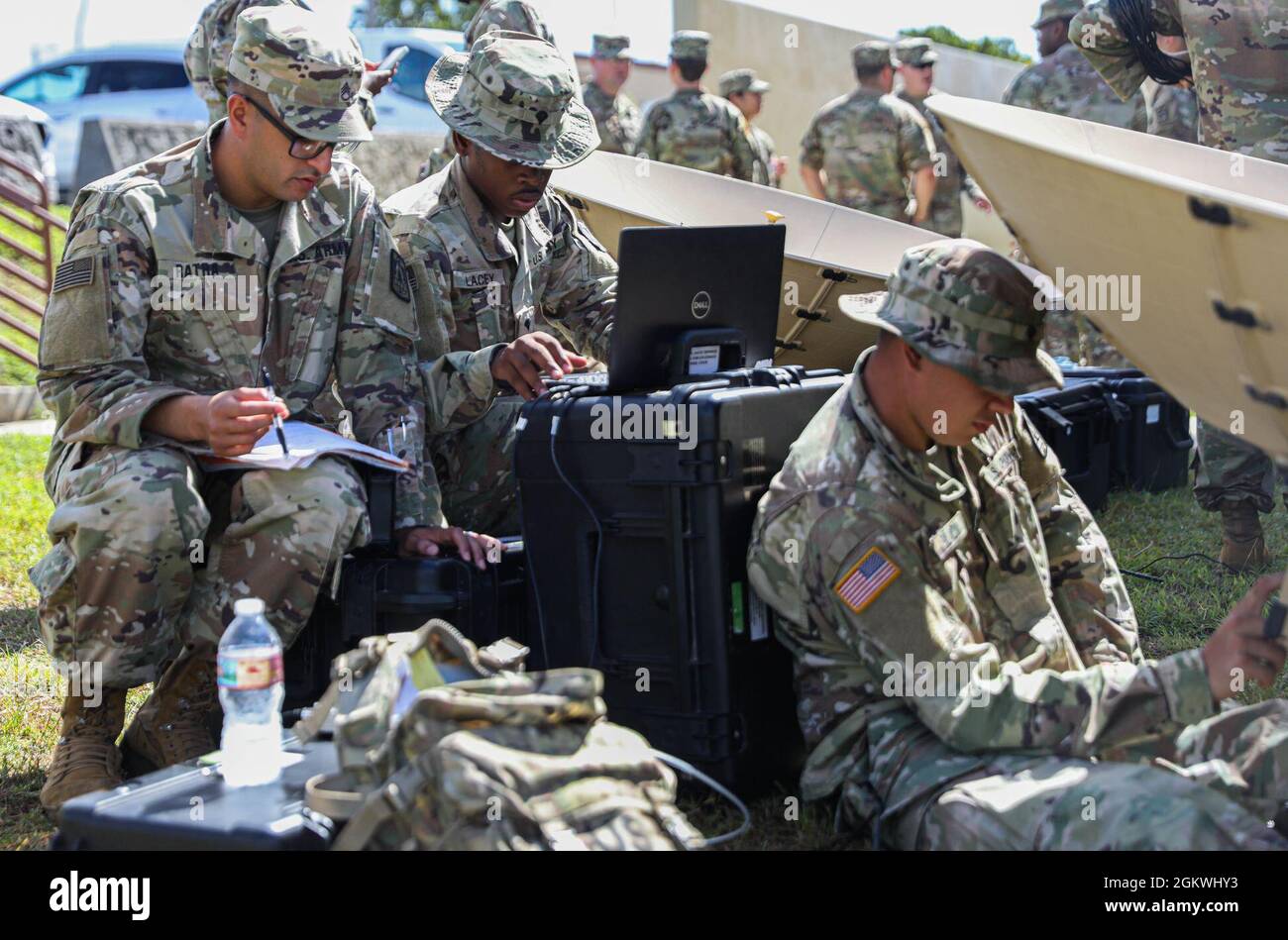 Soldiers with 11th Signal Brigade, out of Fort Hood, Texas, set up a scalable network node for Forager 21 at Andersen Air Force Base, Guam, July 11, 2021. The exercise allows U.S. Army Pacific to deploy their landpower forces to the Pacific and continue to test the Theater Army operations. Stock Photo
