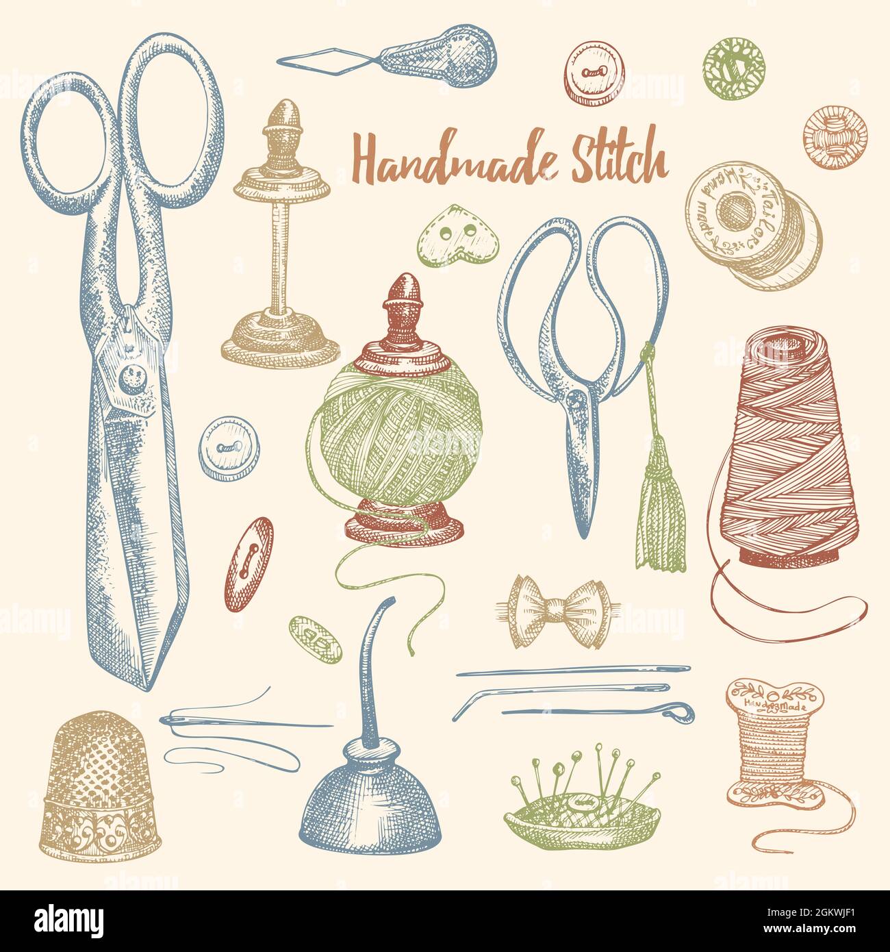 Set of handdrawn vintage sewing tools. Sew machine, Needle, scissors