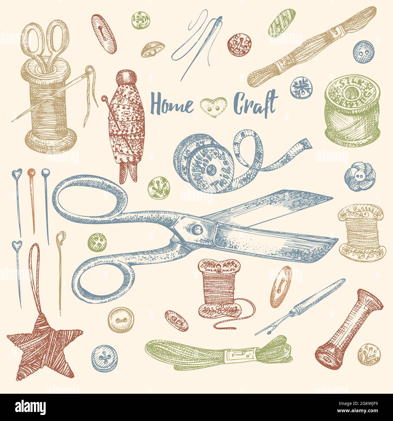 Set of handdrawn vintage sewing tools. Sew machine, Needle, scissors