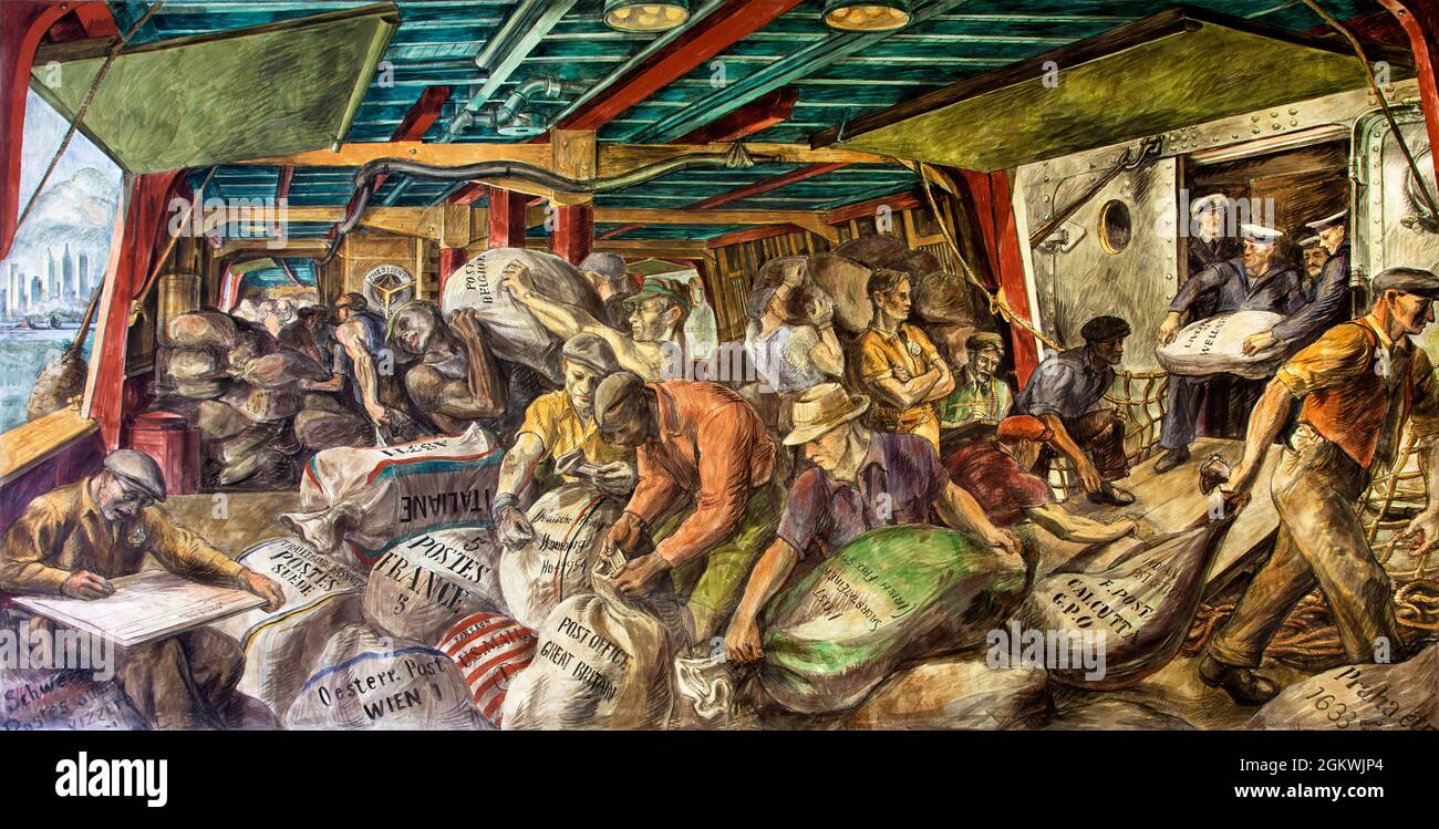 Unloading the mail by Reginald Marsh (1898-1954), mural, 1936 Stock Photo
