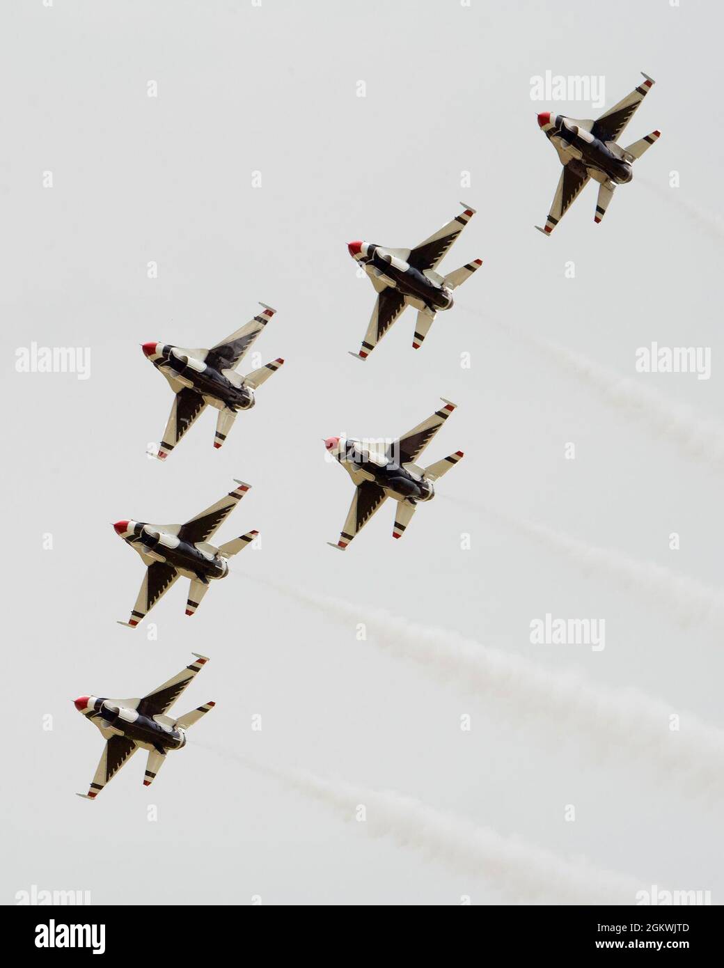 The U.S. Air Force Air Demonstration Team, The Thunderbirds, perform at the Dayton Air Show on July 10, 2021, at Dayton International Airport. The Thunderbirds version of the delta, shown here, put the fighter aircraft as close as 18 inches apart from each other flying at roughly 500 miles per hour. Stock Photo