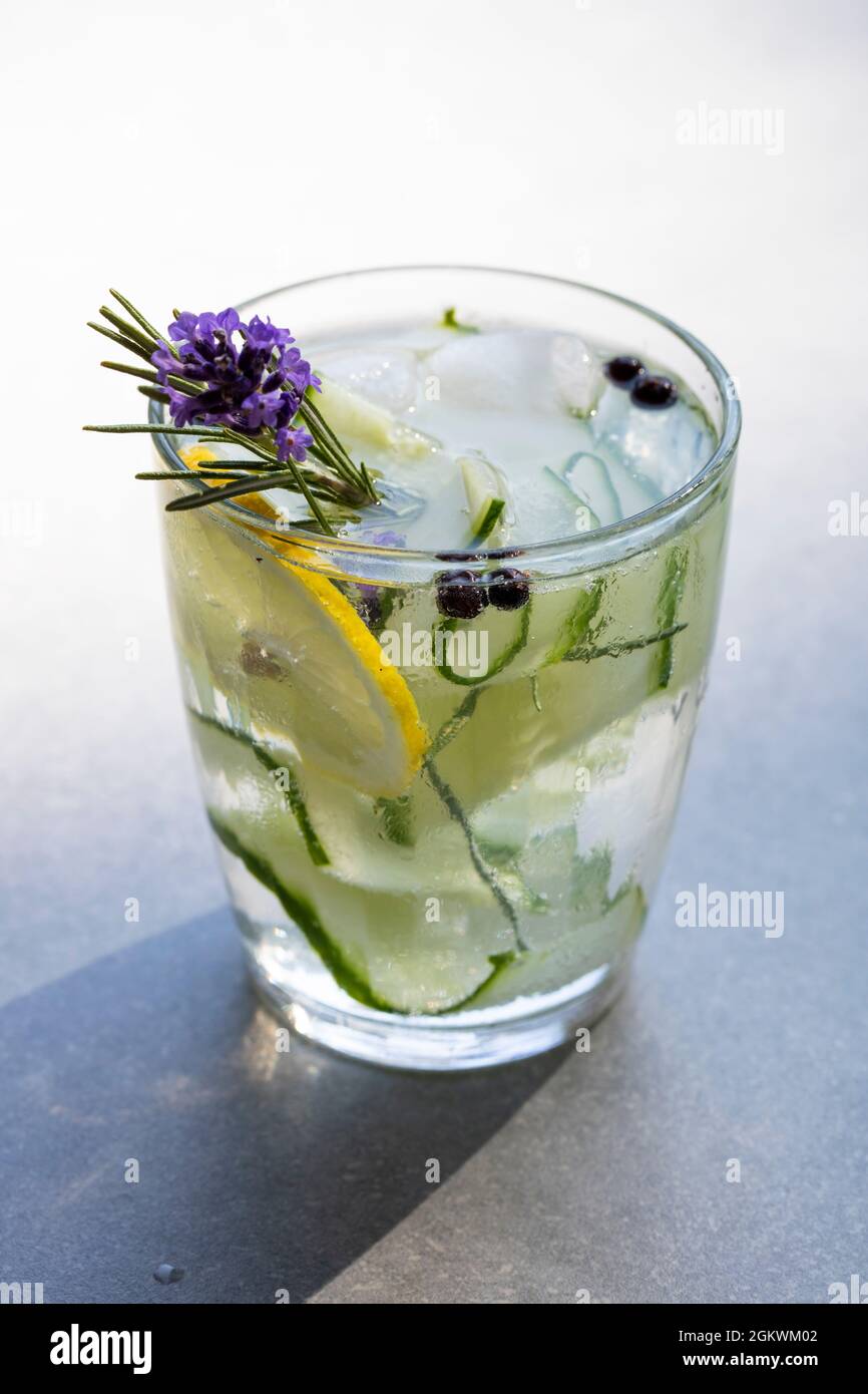 Gin and tonic with cucumber, juniper berries and rosemary Stock Photo Alamy