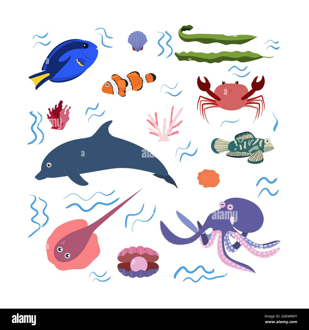 Design template with sea animal in square for kid print. Rectangle composition of marine animals, dolphin, octopus and crab, seaweed and fish. Vector set of underwater life in cartoon style Stock Vector Design template with sea animal in square for kid print. Rectangle composition of marine animals, dolphin, octopus and crab, seaweed and fish. Vector set of underwater life in cartoon style Stock Vector