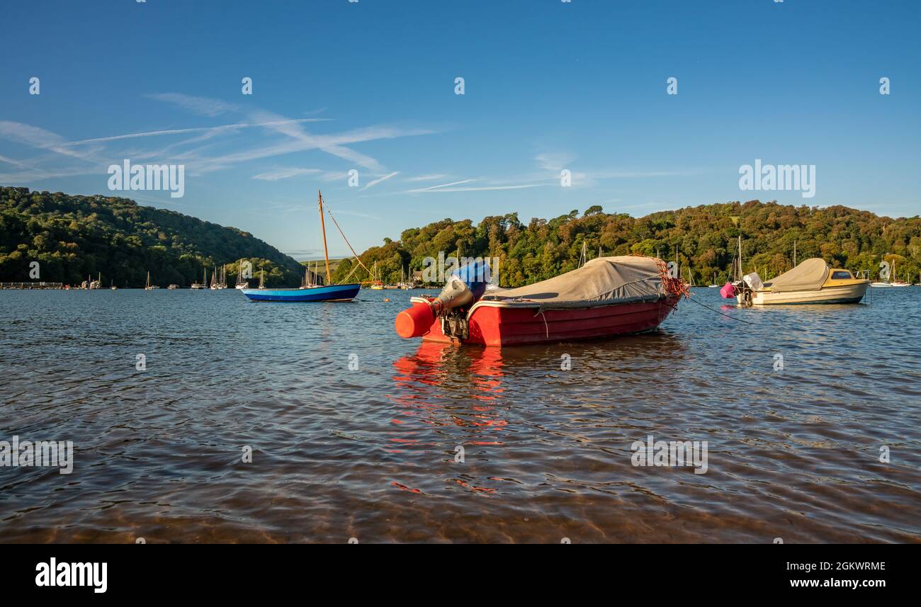 Boats moored on the River Dart near Dittisham, Devon, United Kingdom Stock Photo