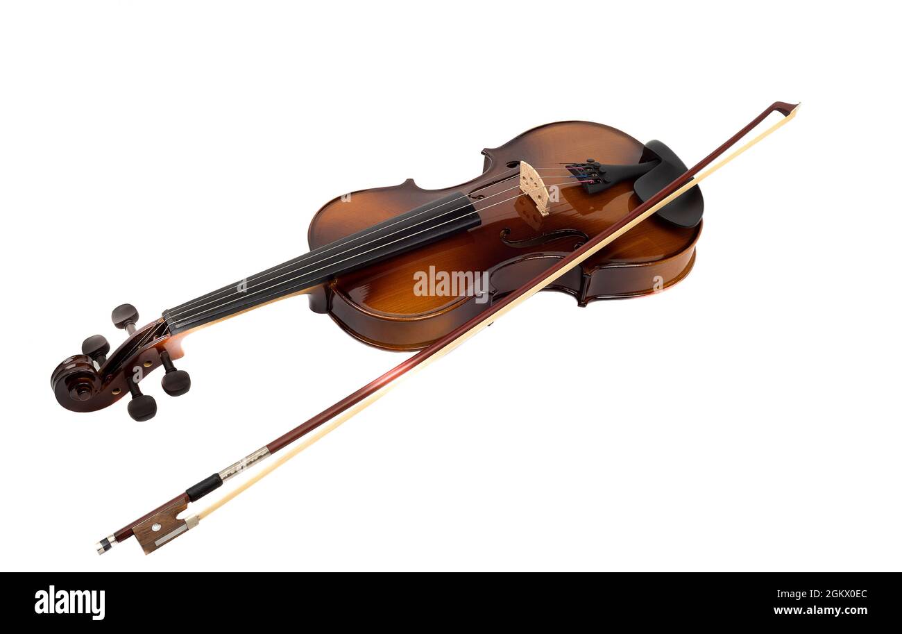 Violin and bow isolated on white background. Copy space. Stock Photo