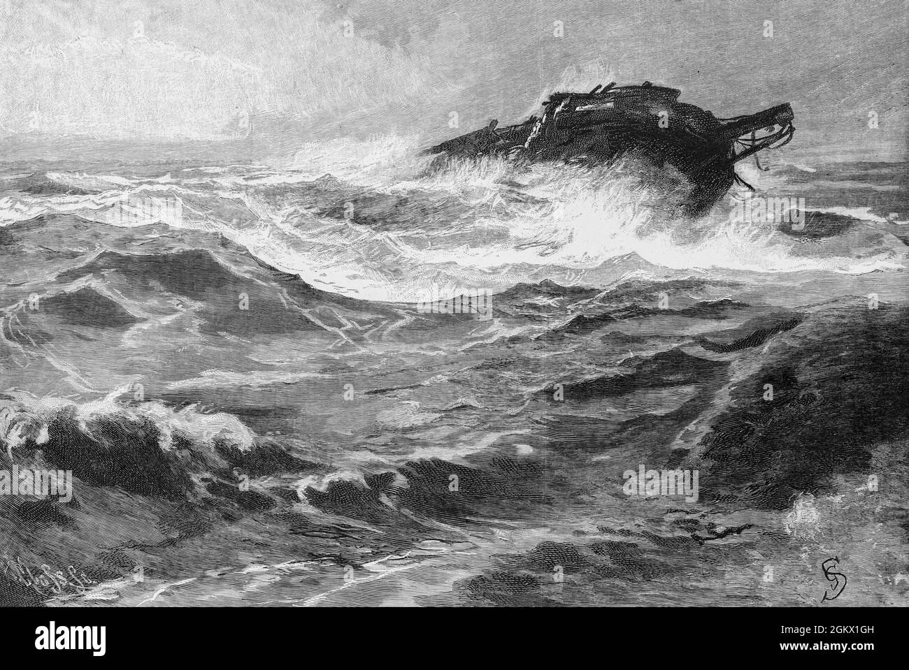 After the storm, a shipwreck drifting ashore in the East Frisian North Sea coast, Lower Saxony, North Germany, historical illustration 1880, Stock Photo