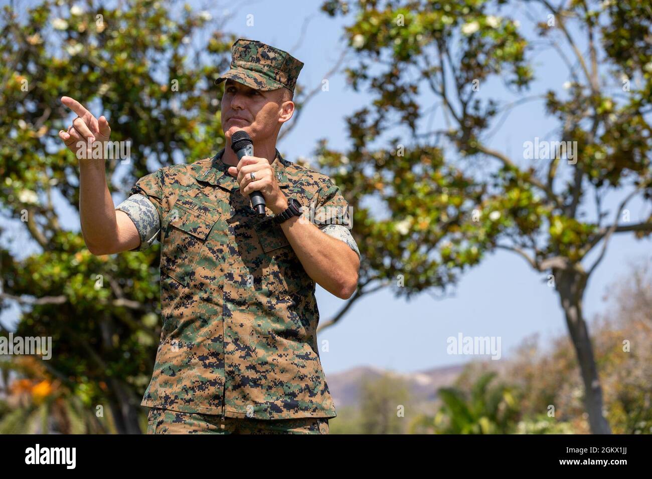 U.S. Marine Col. John Black, the incoming commander of Security and Emergency Services Battalion, Marine Corps Base Camp Pendleton, speaks during a change of command ceremony at the Santa Margarita Ranch House on Camp Pendleton, California, July 14, 2021. During the ceremony, Col. Edward Greeley, the outgoing commander of SES Bn., relinquished command to Black. Greeley had been the commander of SES Bn. since July 2019. Stock Photo