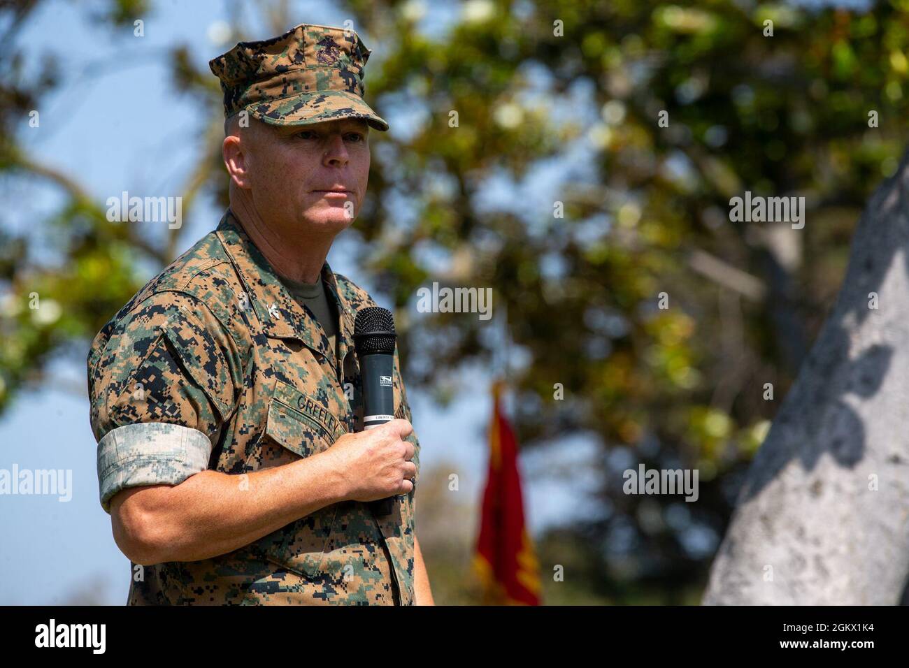 U.S. Marine Col. Edward Greeley, the outgoing commander for Security and Emergency Services Battalion, Marine Corps Base Camp Pendleton, speaks during his change of command ceremony at the Santa Margarita Ranch House on Camp Pendleton, California, July 14, 2021. During the ceremony, Greeley relinquished command to Col. John Black. Greeley had been the commander of SES Bn. since July 2019. Stock Photo