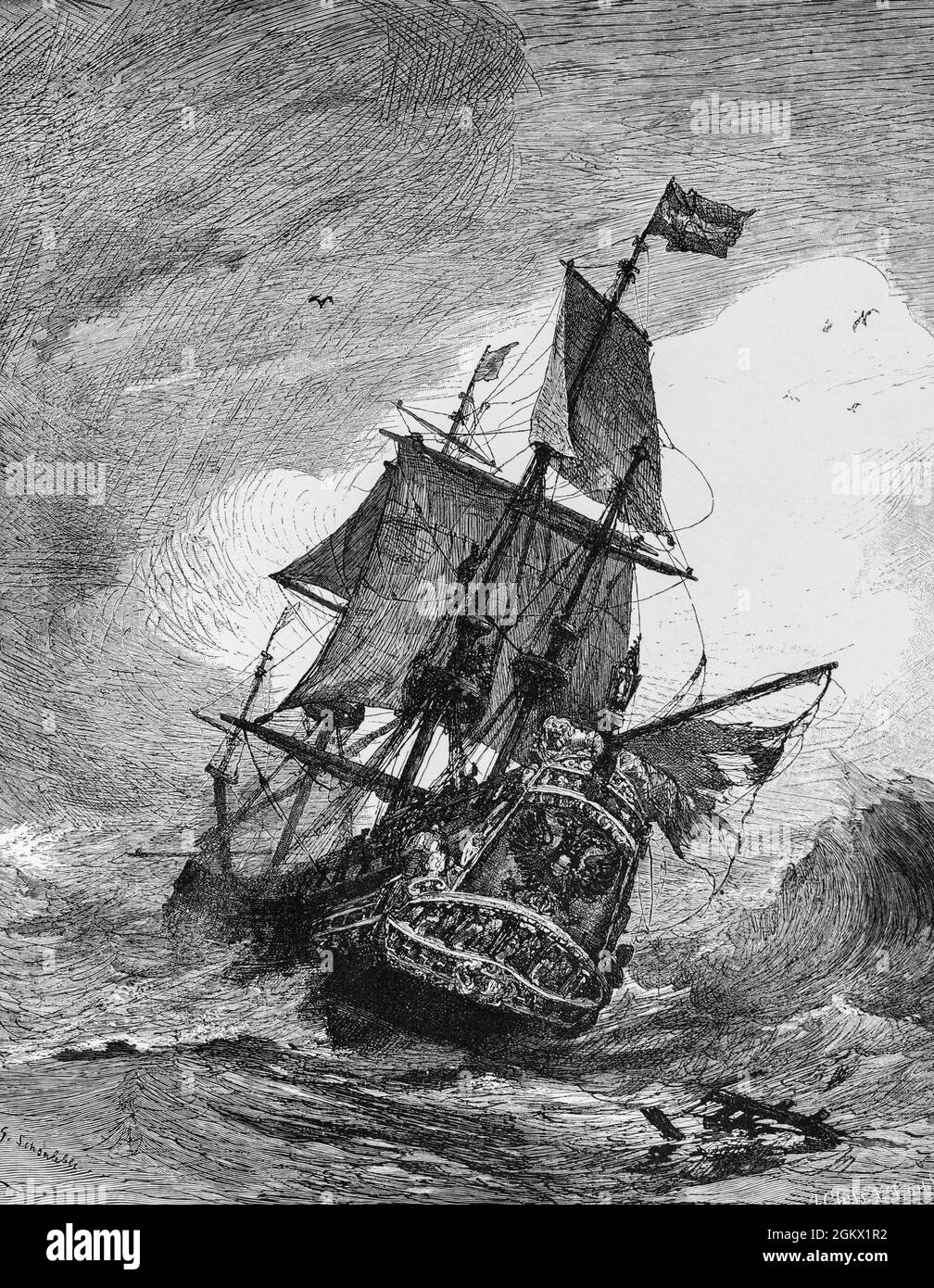 A hanseatic battle ship of the 17th century in extremely choppy seas, historical illustration 1880, Stock Photo