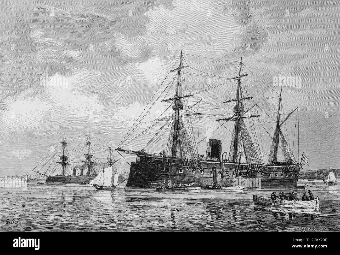 Two German ironclads, 'König Wilhelm' (left) and 'Prinz Friedrich Karl'   anchoring near an unknown coastline, historical illustration 1880, Stock Photo