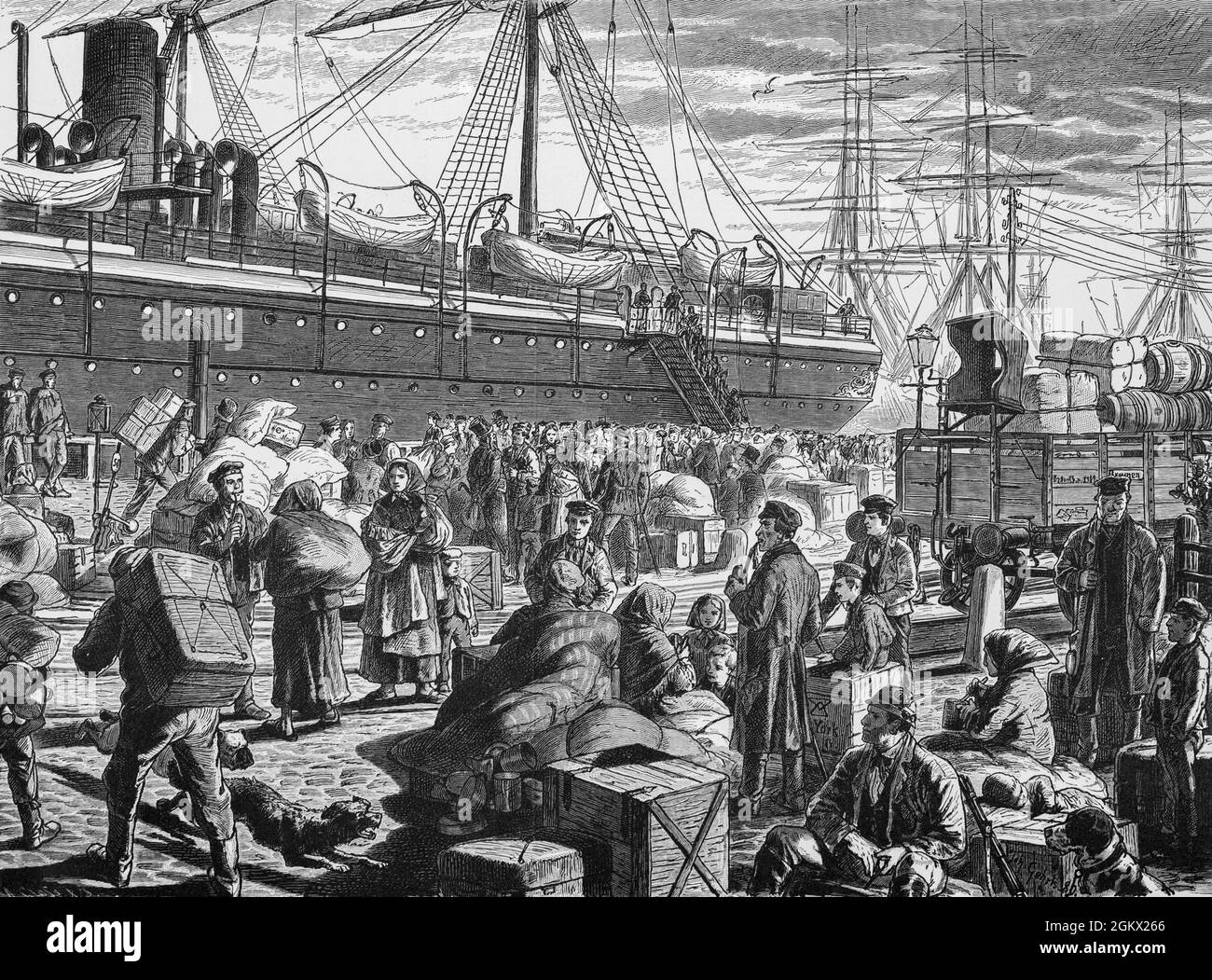 Line ships and emigrants for America with their belongings on the pier in Bremerhaven on the Weser River, historical illustration 1880, Stock Photo
