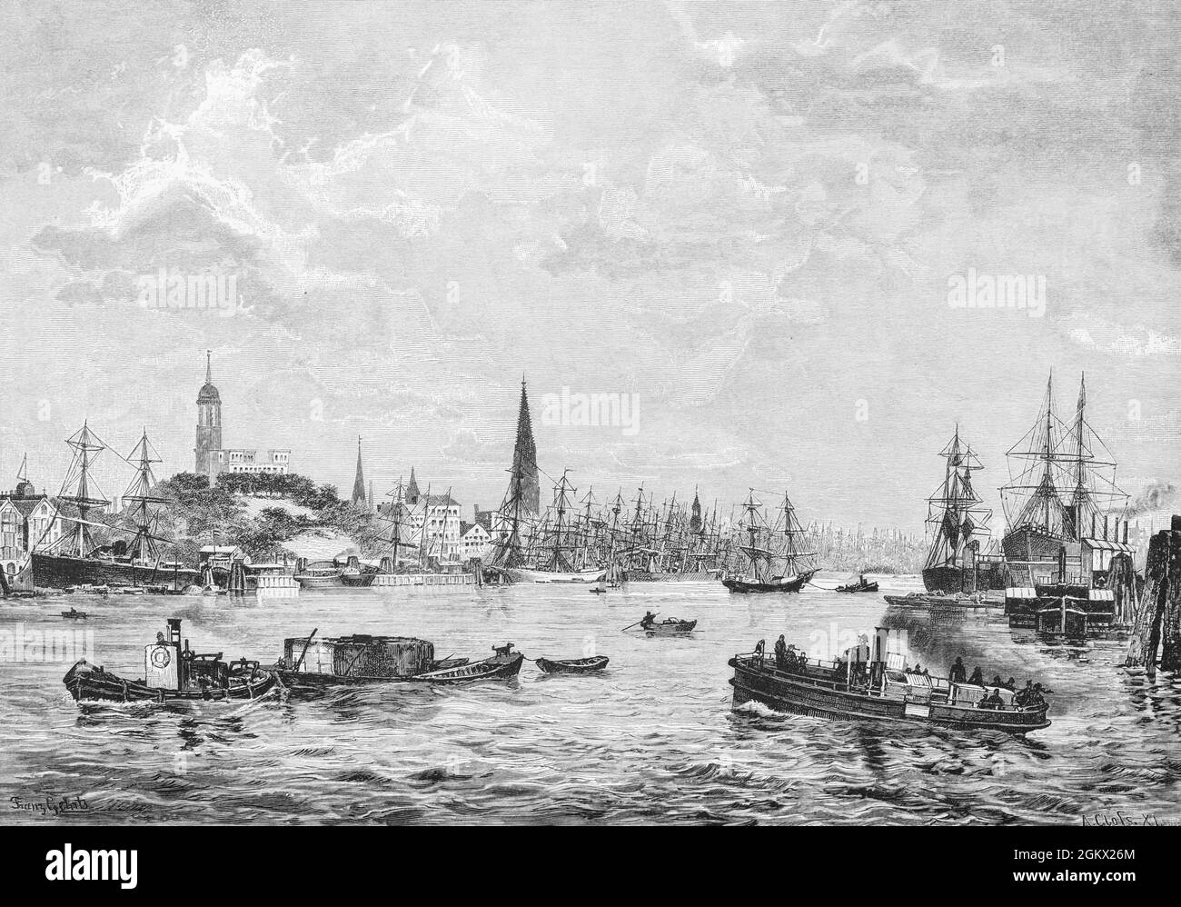 View of busy Hamburg Port with its tugbaots and sailing ships, the city with St.Michaelis Church and the Elbe River, historical illustration 1880, Stock Photo