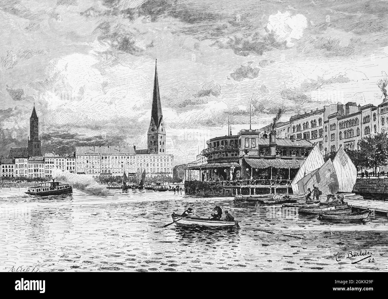 Binnenalster mit Jungfernstieg und Alsterpavillon in Hamburg or Inner Alster Lake with famous Jungfernstieg and Alster Pavilion, illustration 1880, Stock Photo
